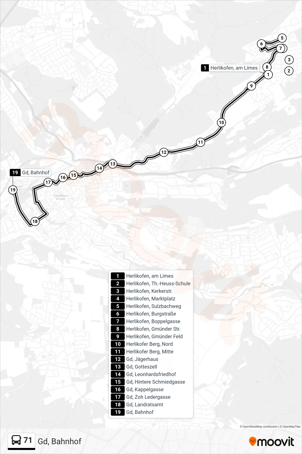71 tram Line (Gd, Bahnhof) route and stops on a map