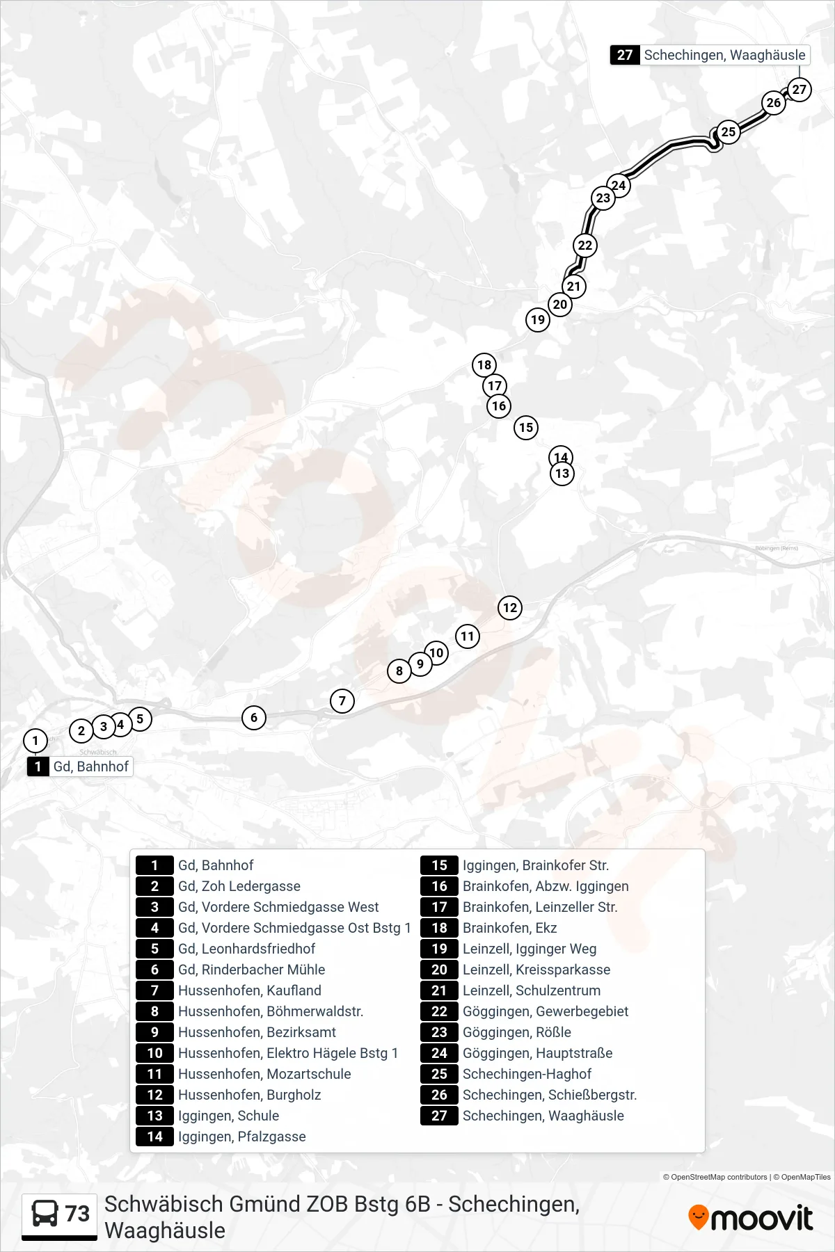 73 tram Line (Schechingen, Waaghäusle) route and stops on a map