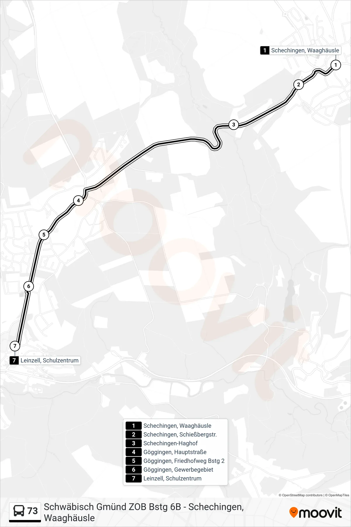 73 tram Line (Leinzell, Schulzentrum) route and stops on a map