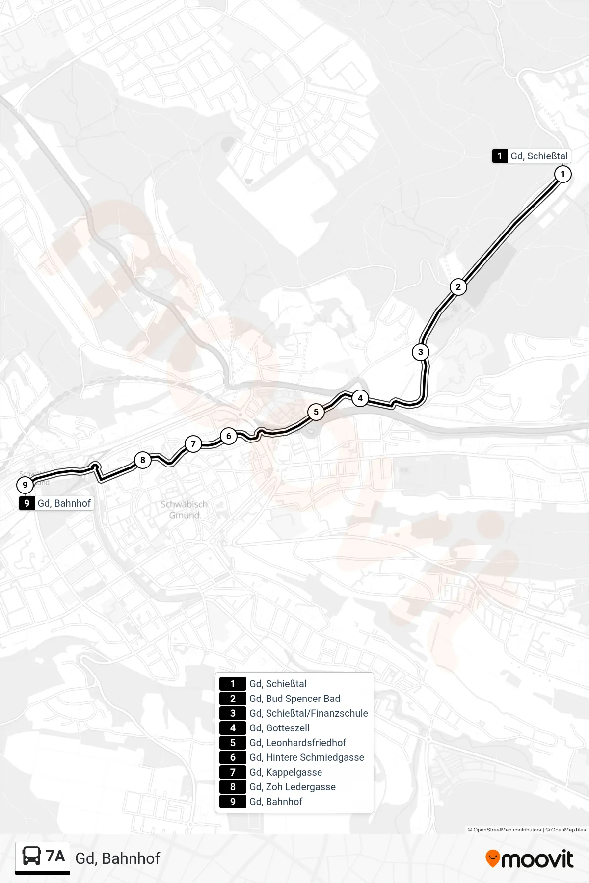 7A tram Line (Gd, Bahnhof) route and stops on a map
