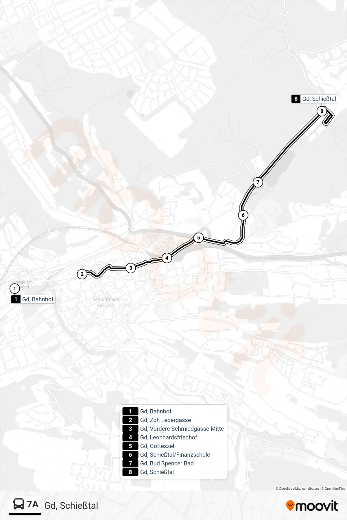 7A tram Line (Gd, Schießtal) route and stops on a map