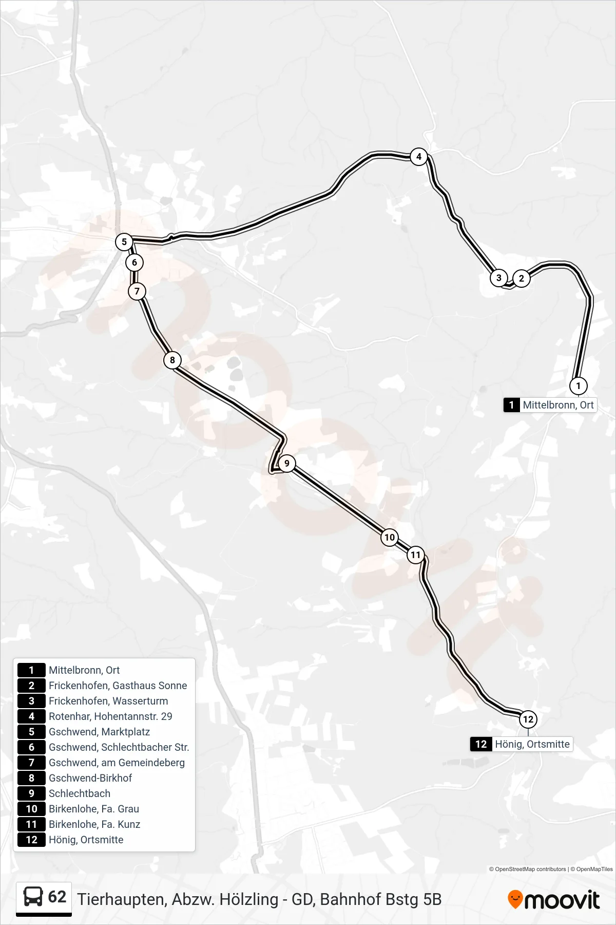 62 bus Line (Hönig, Ortsmitte) route and stops on a map