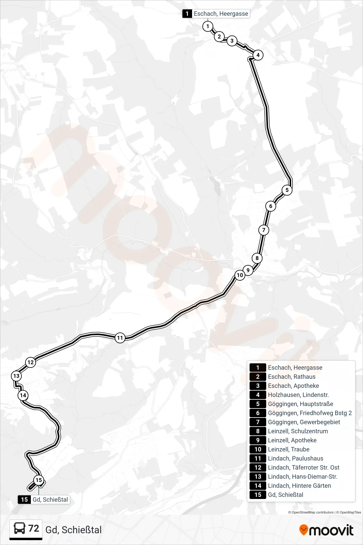 72 bus Line (Gd, Schießtal) route and stops on a map