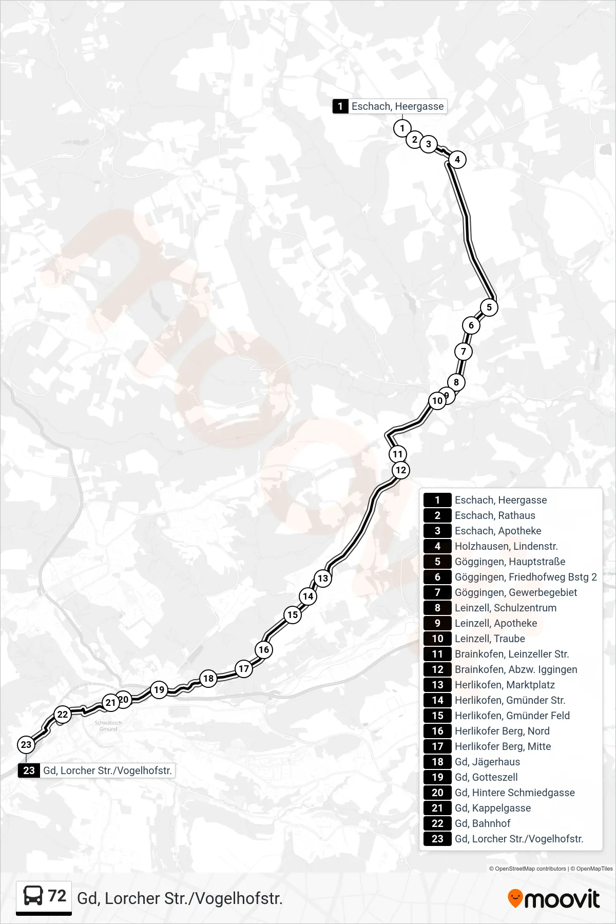 72 bus Line (Gd, Lorcher Str./Vogelhofstr.) route and stops on a map
