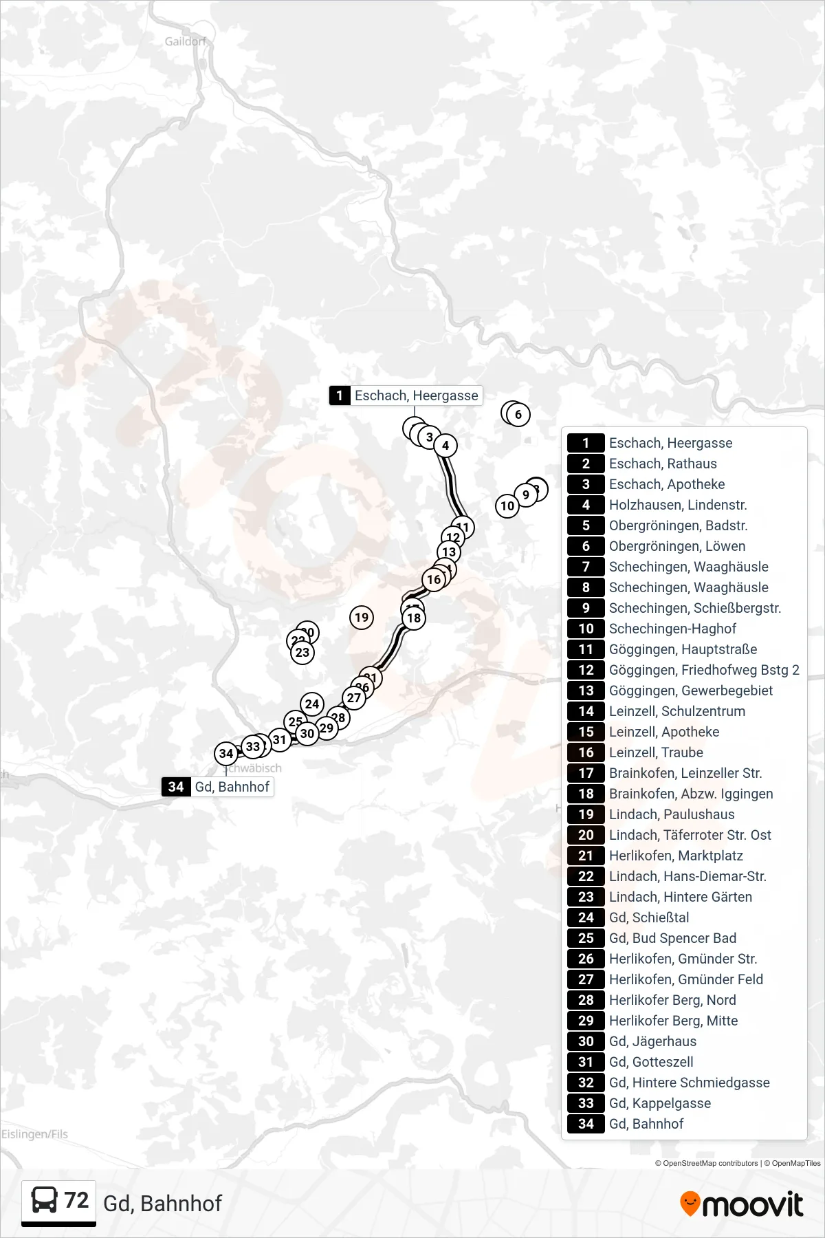 72 bus Line (Gd, Bahnhof) route and stops on a map