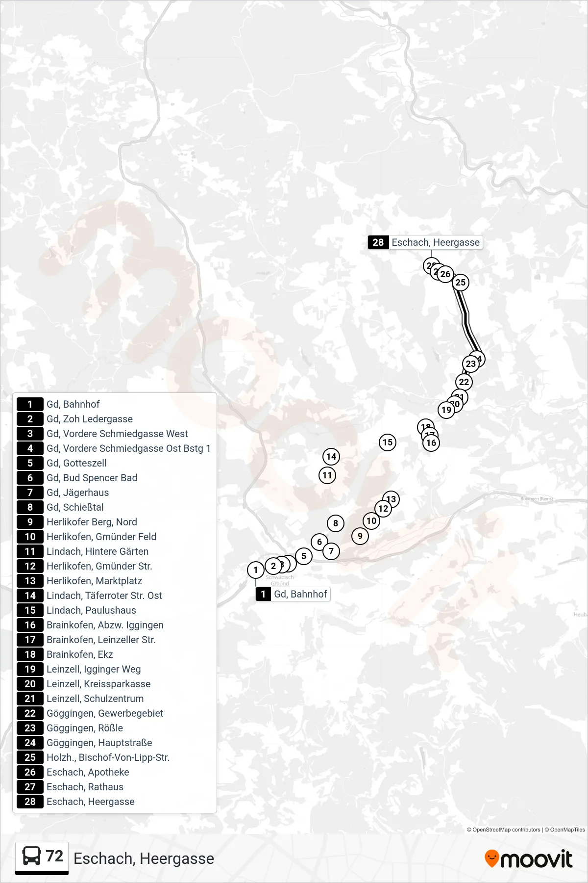 72 bus Line (Eschach, Heergasse) route and stops on a map