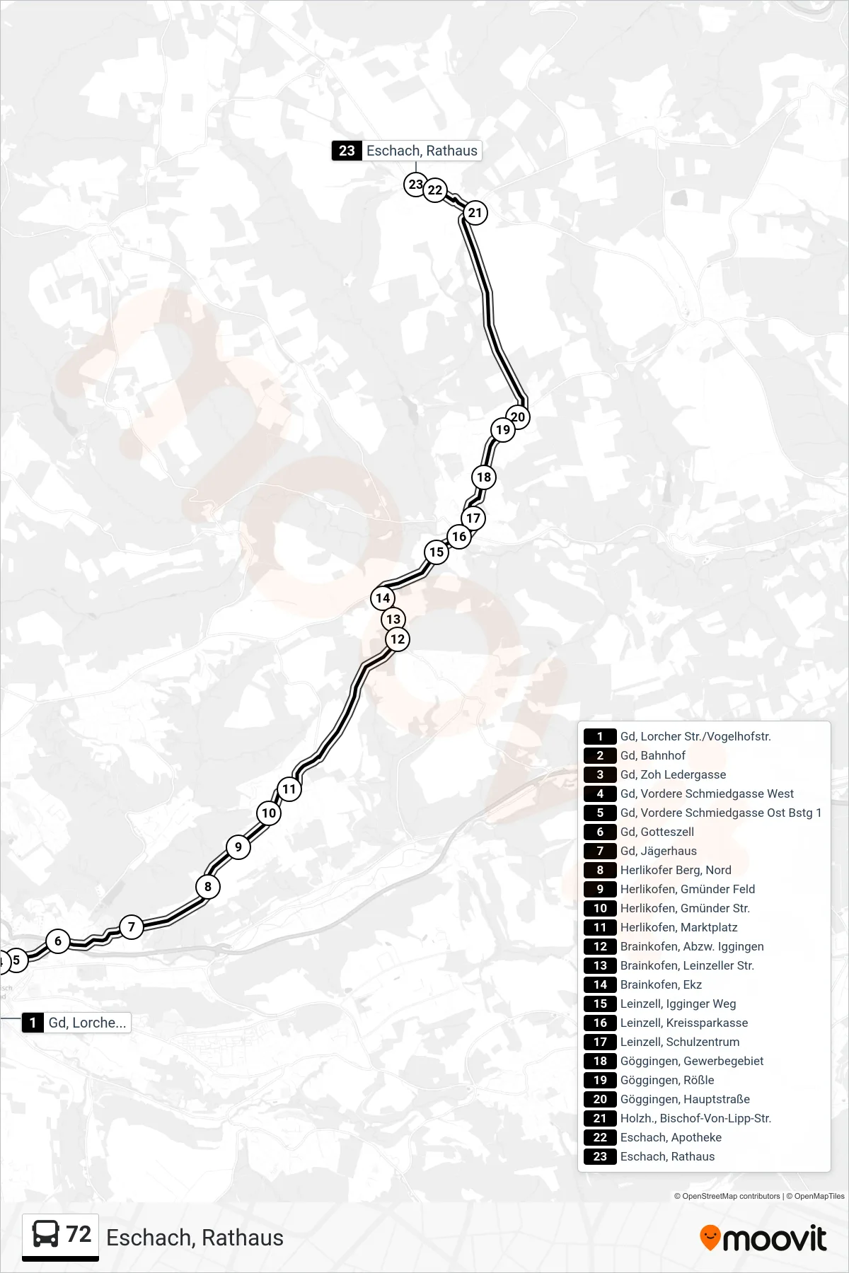 72 bus Line (Eschach, Rathaus) route and stops on a map
