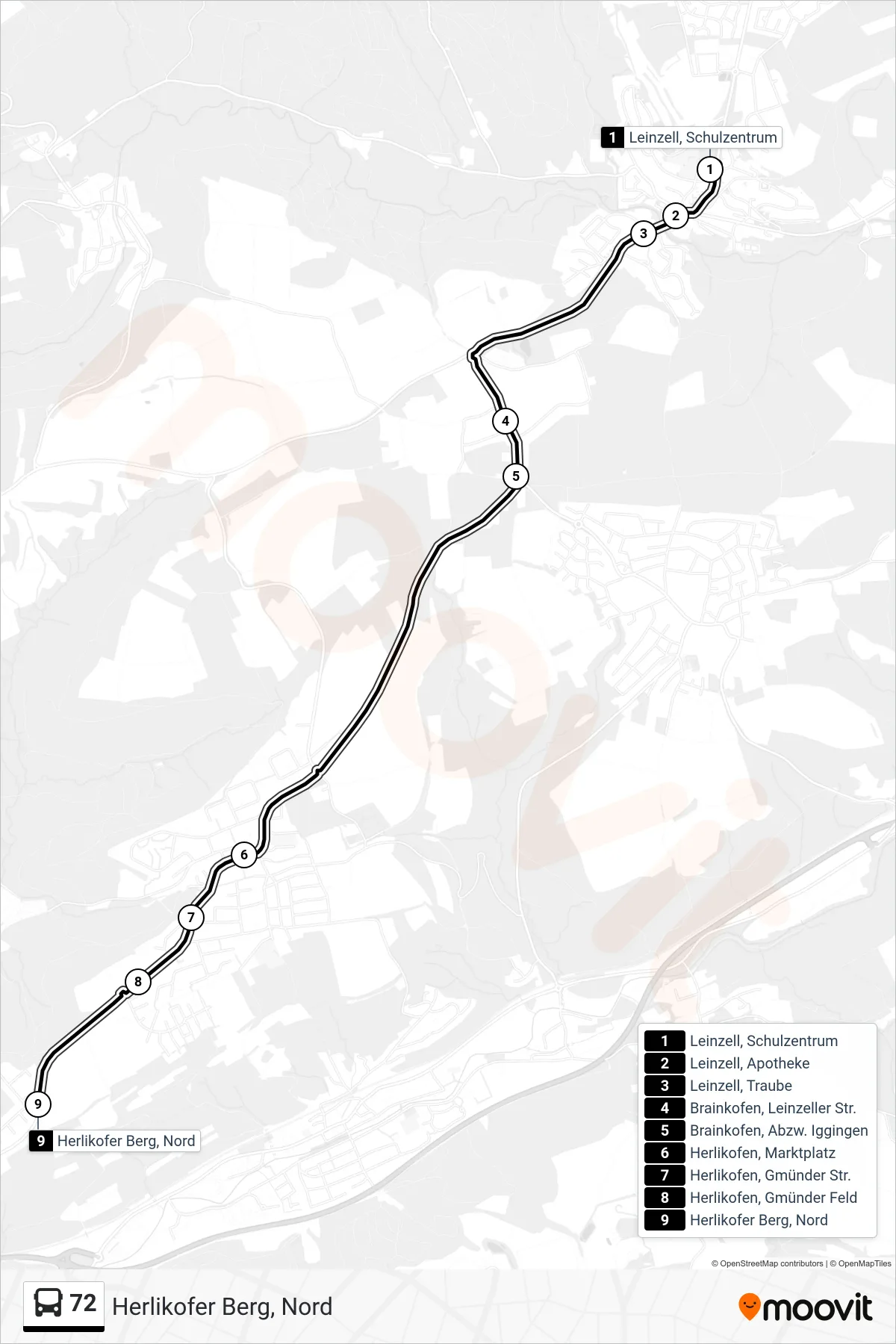 72 bus Line (Herlikofer Berg, Nord) route and stops on a map