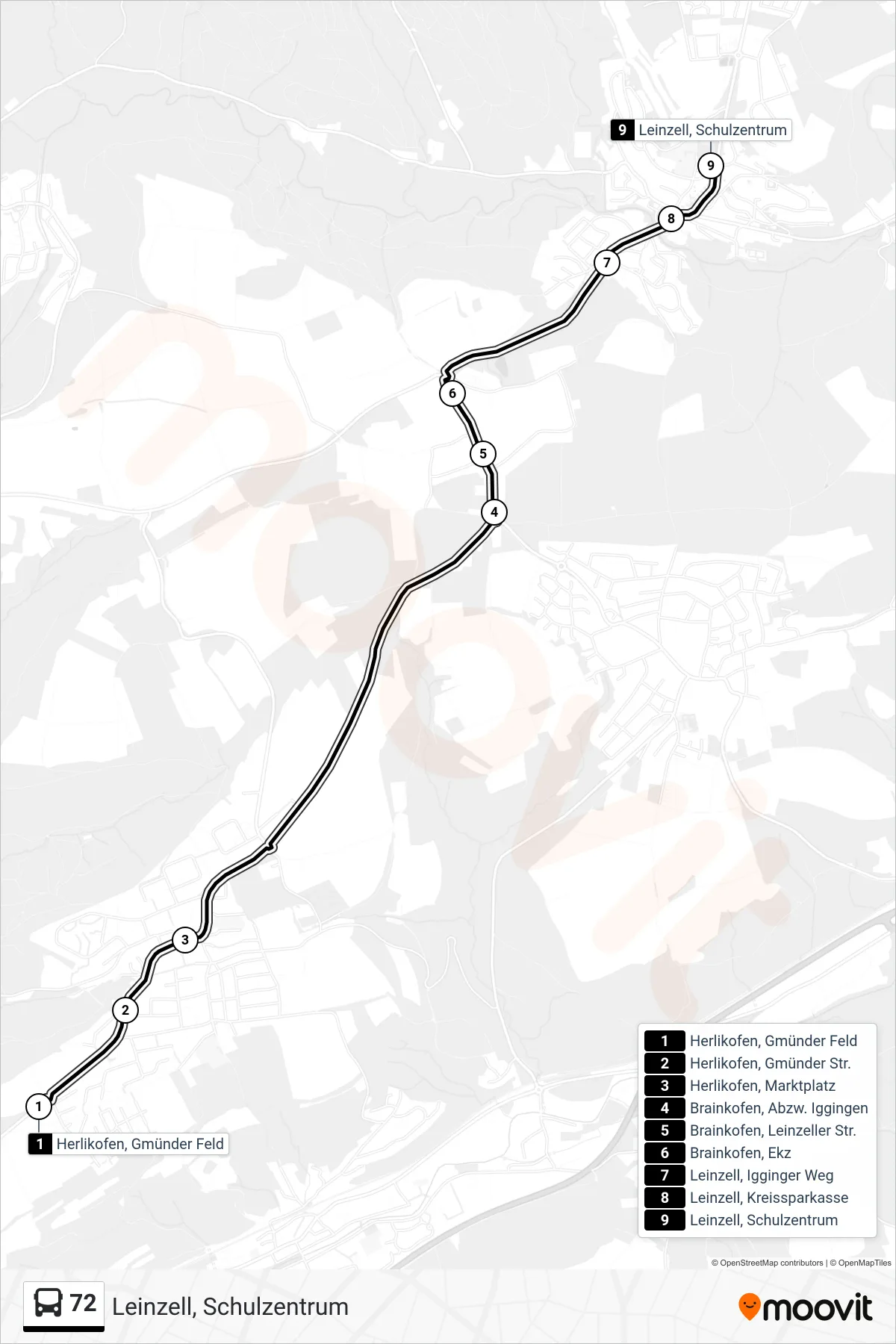 72 bus Line (Leinzell, Schulzentrum) route and stops on a map