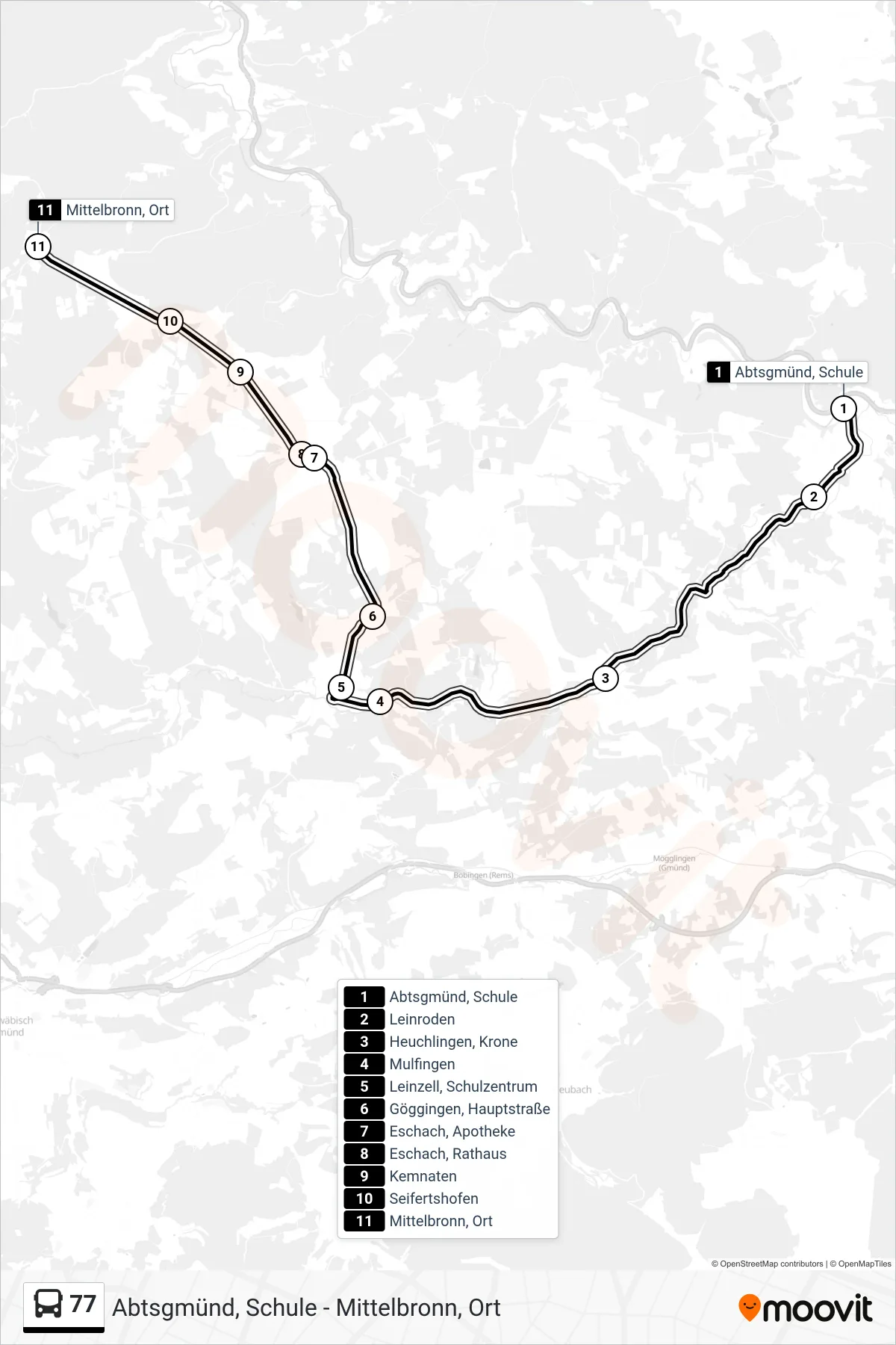 77 bus Line (Mittelbronn, Ort) route and stops on a map