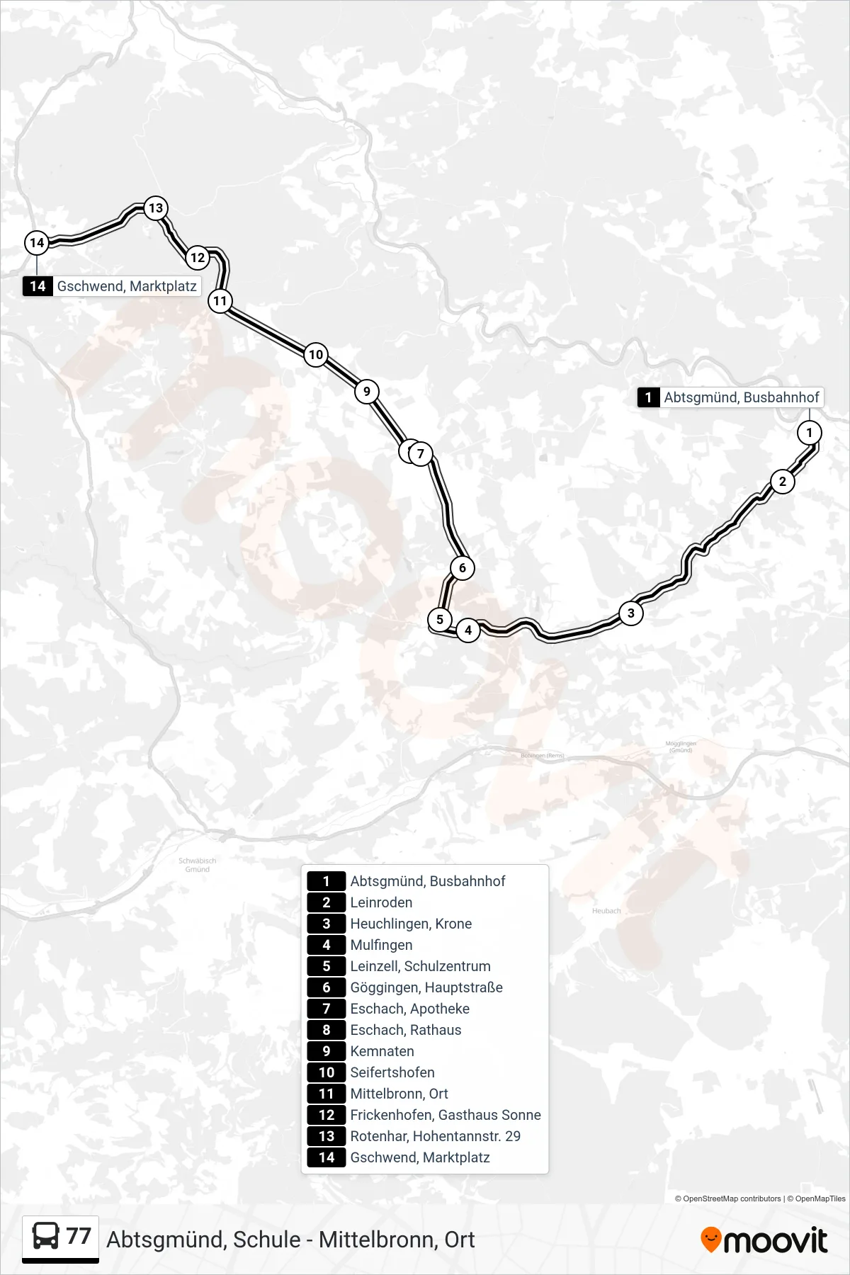 Linie 77 (Bus) Richtung Gschwend, Marktplatz: Route und Haltestellen auf der Karte