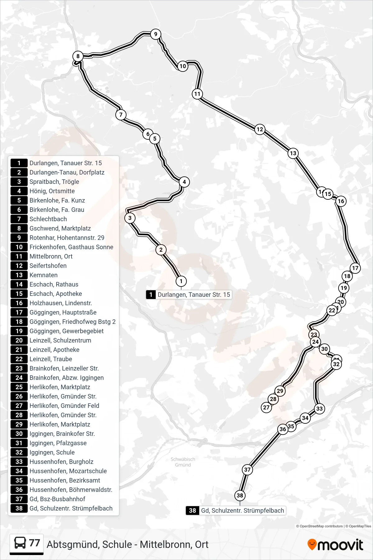 77 bus Line (Gd, Schulzentr. Strümpfelbach) route and stops on a map