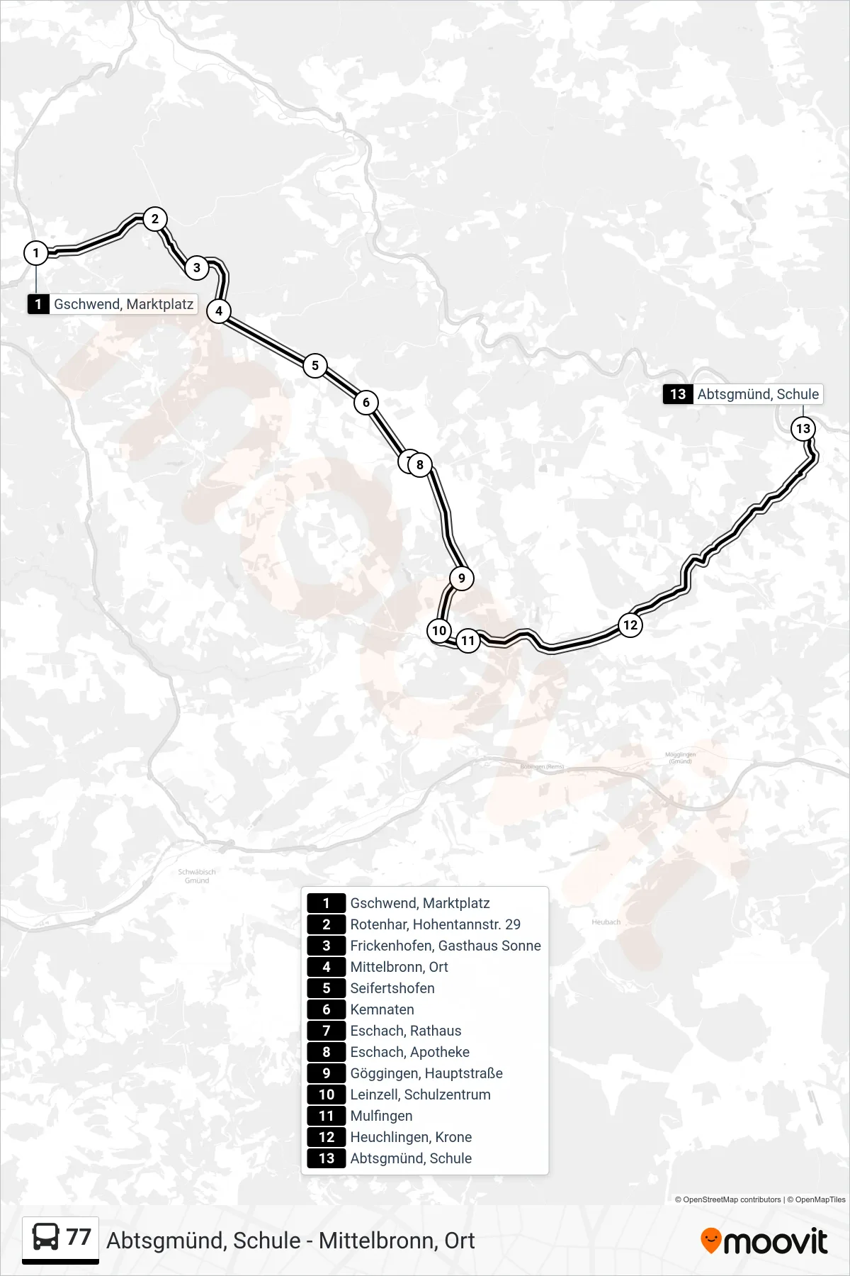 77 bus Line (Abtsgmünd, Schule) route and stops on a map
