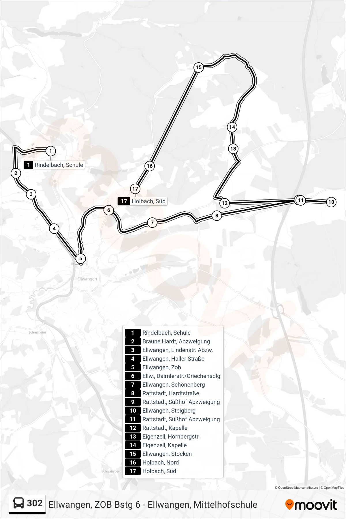 302 bus Line (Holbach, Süd) route and stops on a map