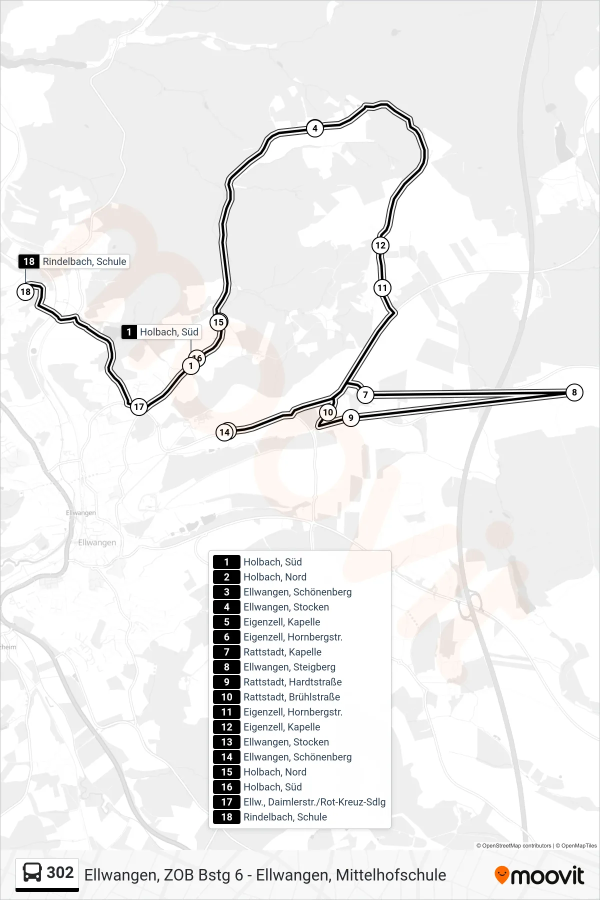 302 bus Line (Rindelbach, Schule) route and stops on a map