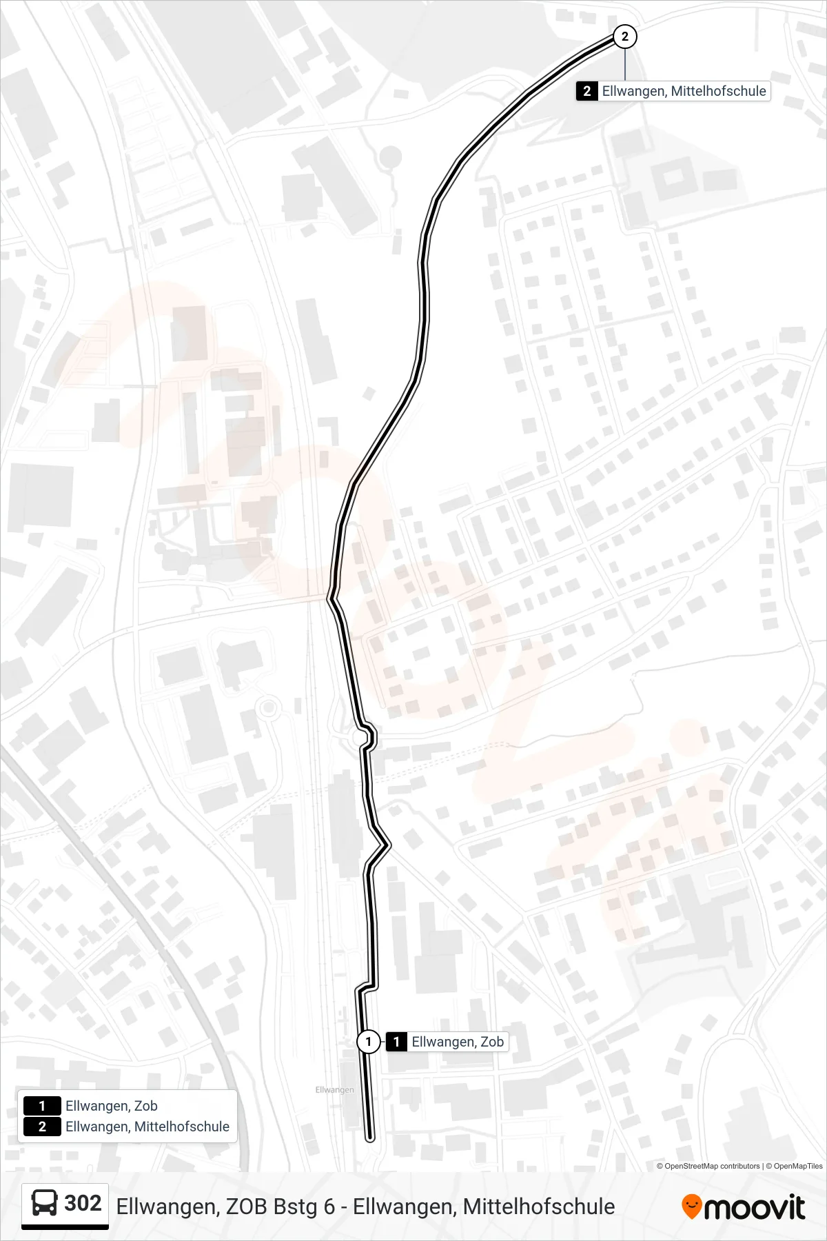 302 bus Line (Ellwangen, Mittelhofschule) route and stops on a map