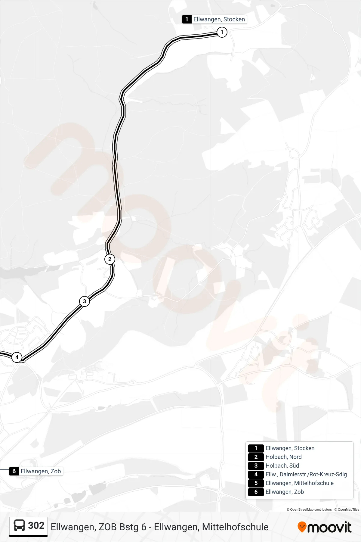302 bus Line (Ellwangen, Zob) route and stops on a map