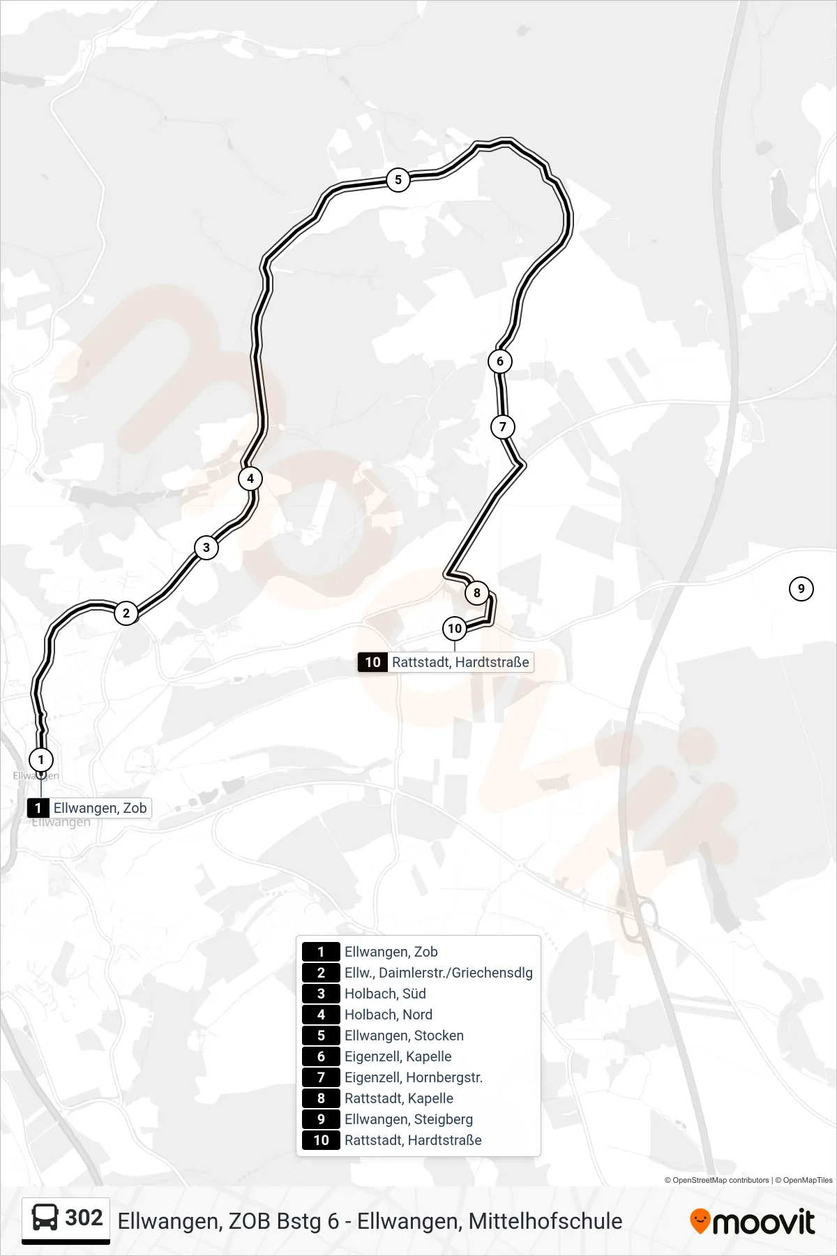 302 bus Line (Rattstadt, Hardtstraße) route and stops on a map