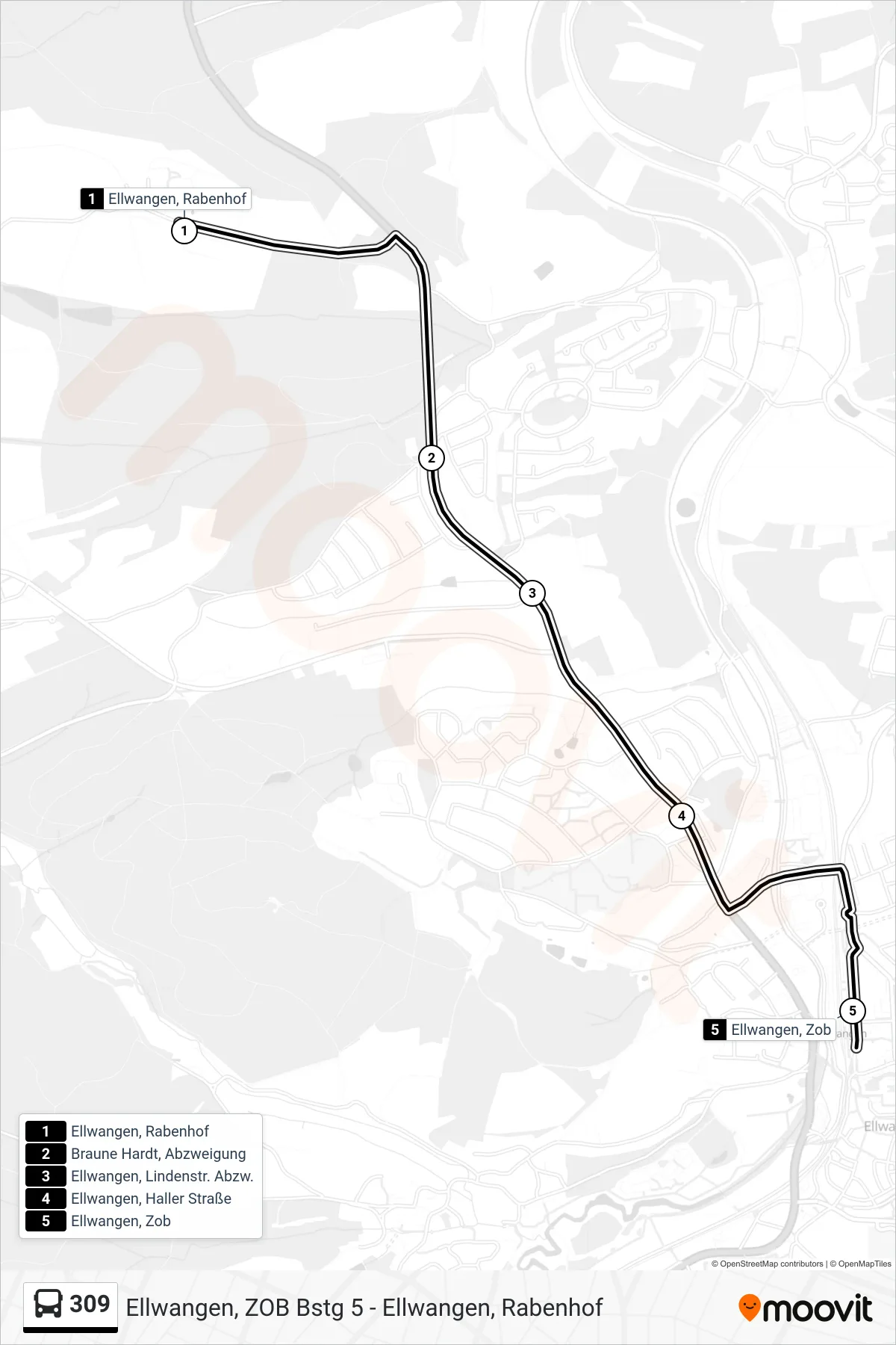 Linie 309 (Bus) Richtung Ellwangen, Zob: Route und Haltestellen auf der Karte