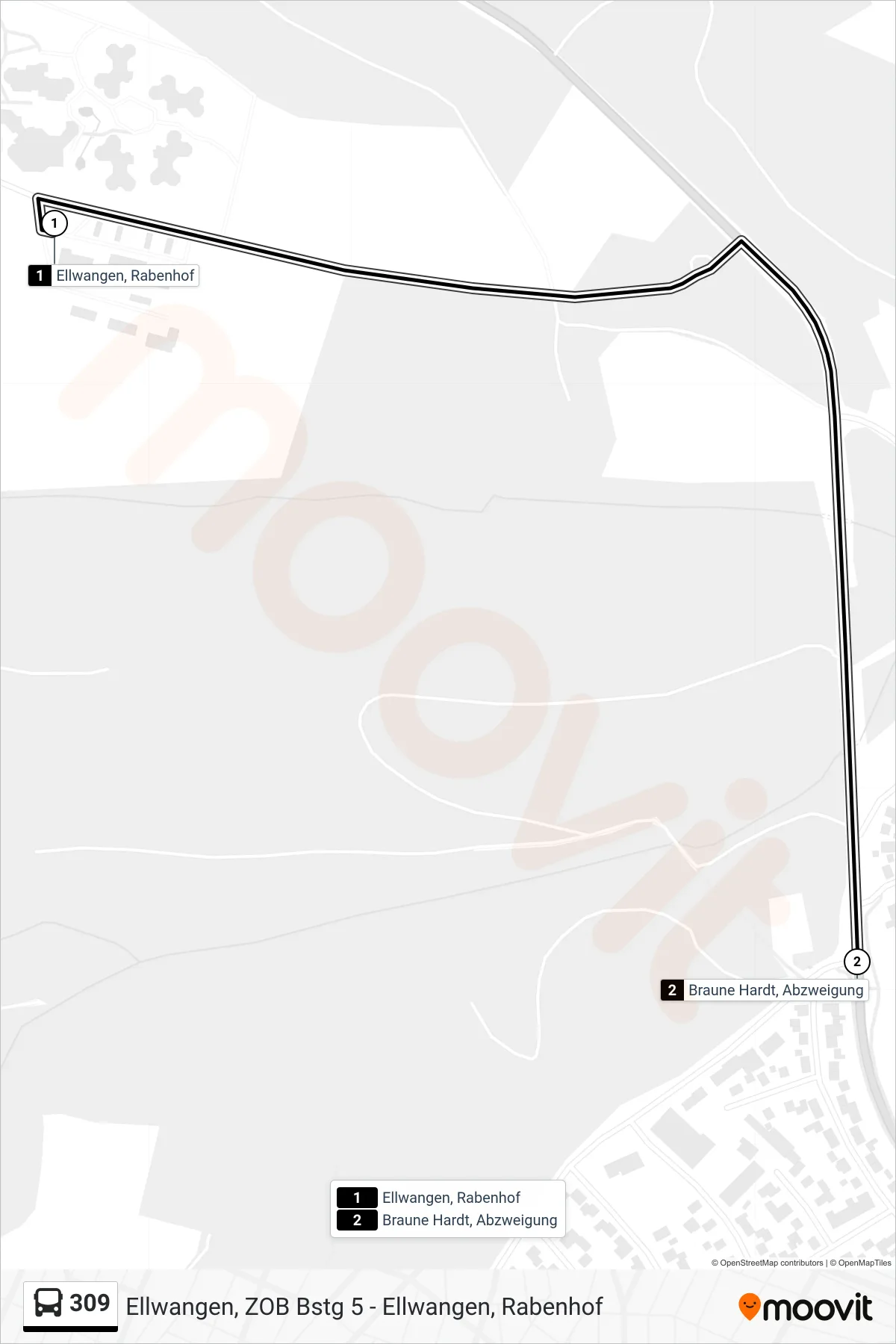 309 bus Line (Braune Hardt, Abzweigung) route and stops on a map