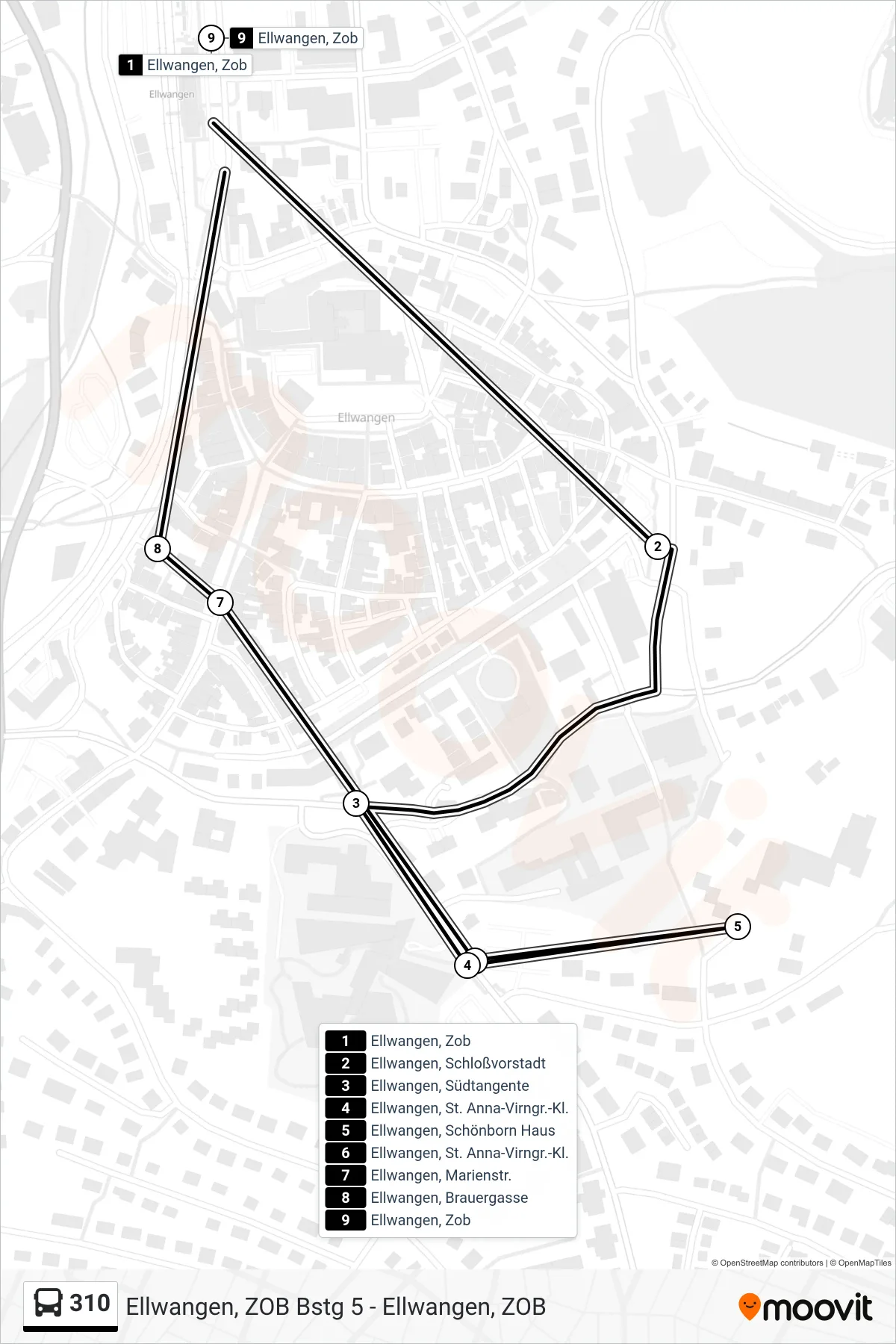 Linie 310 (Bus) Richtung Ellwangen, Zob: Route und Haltestellen auf der Karte