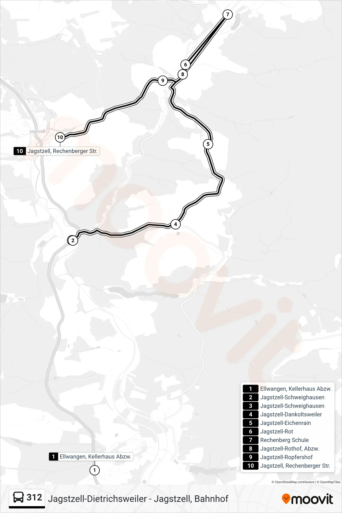 Linie 312 (Bus) Richtung Jagstzell, Rechenberger Str.: Route und Haltestellen auf der Karte