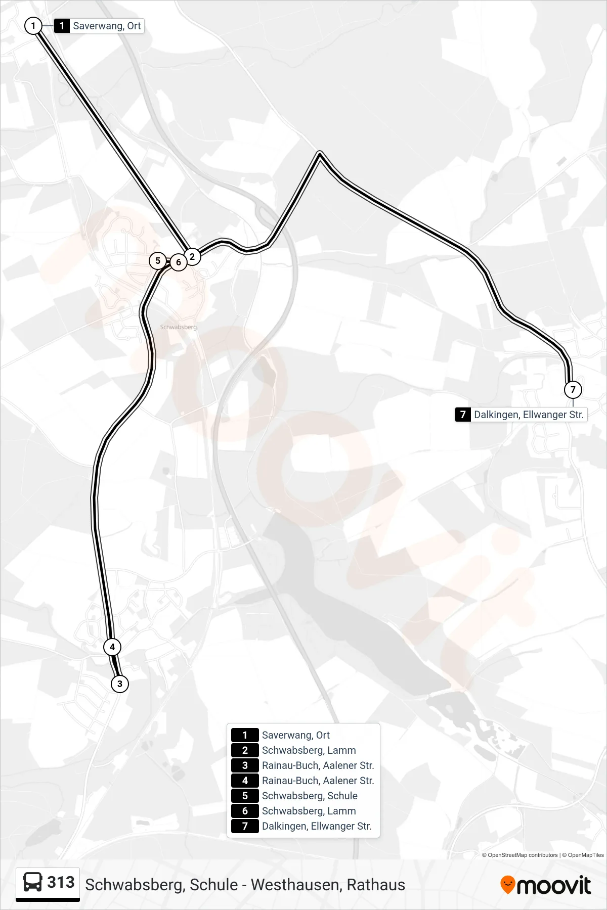 313 bus Line (Dalkingen, Ellwanger Str.) route and stops on a map