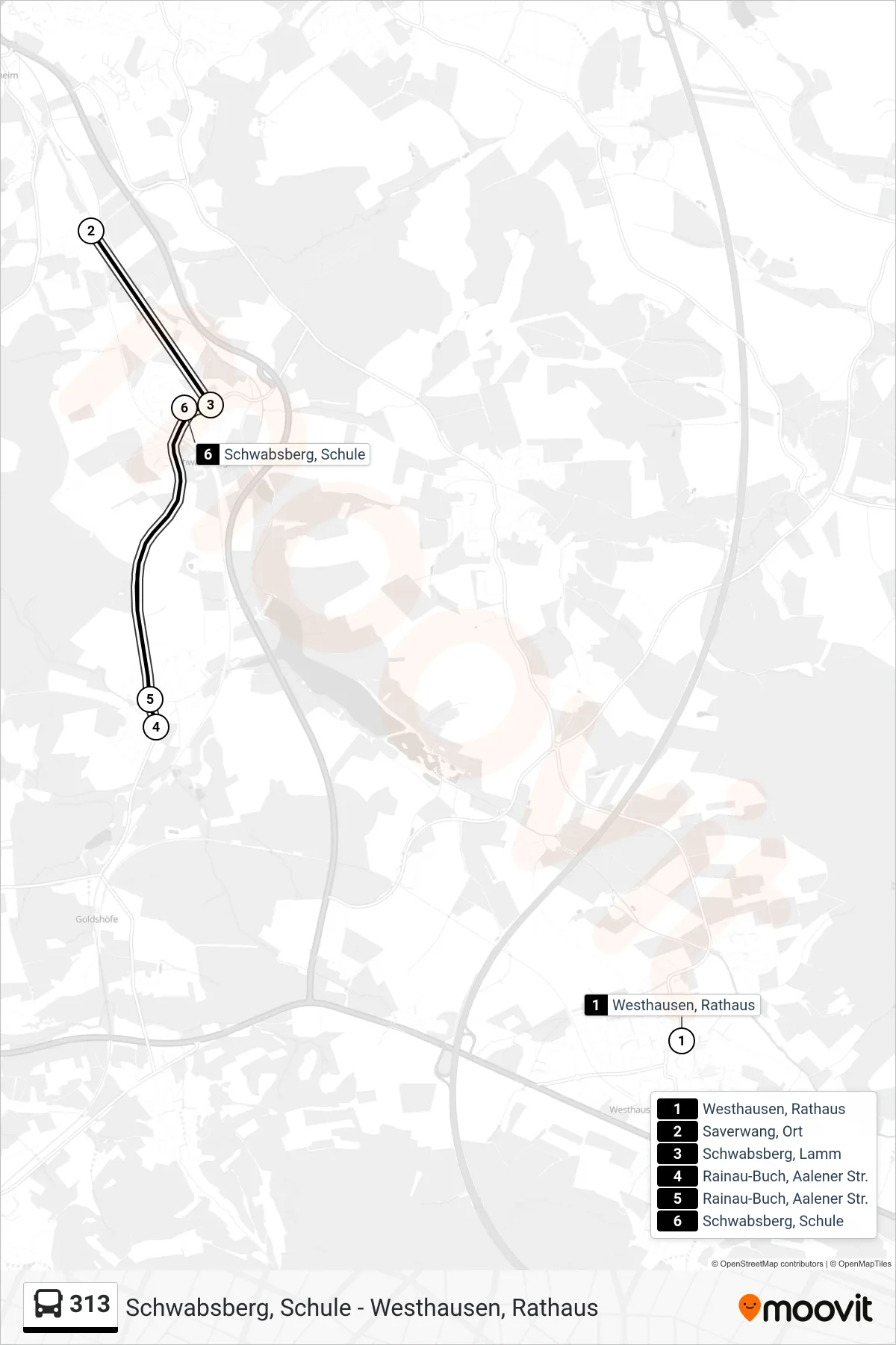 313 bus Line (Schwabsberg, Schule) route and stops on a map