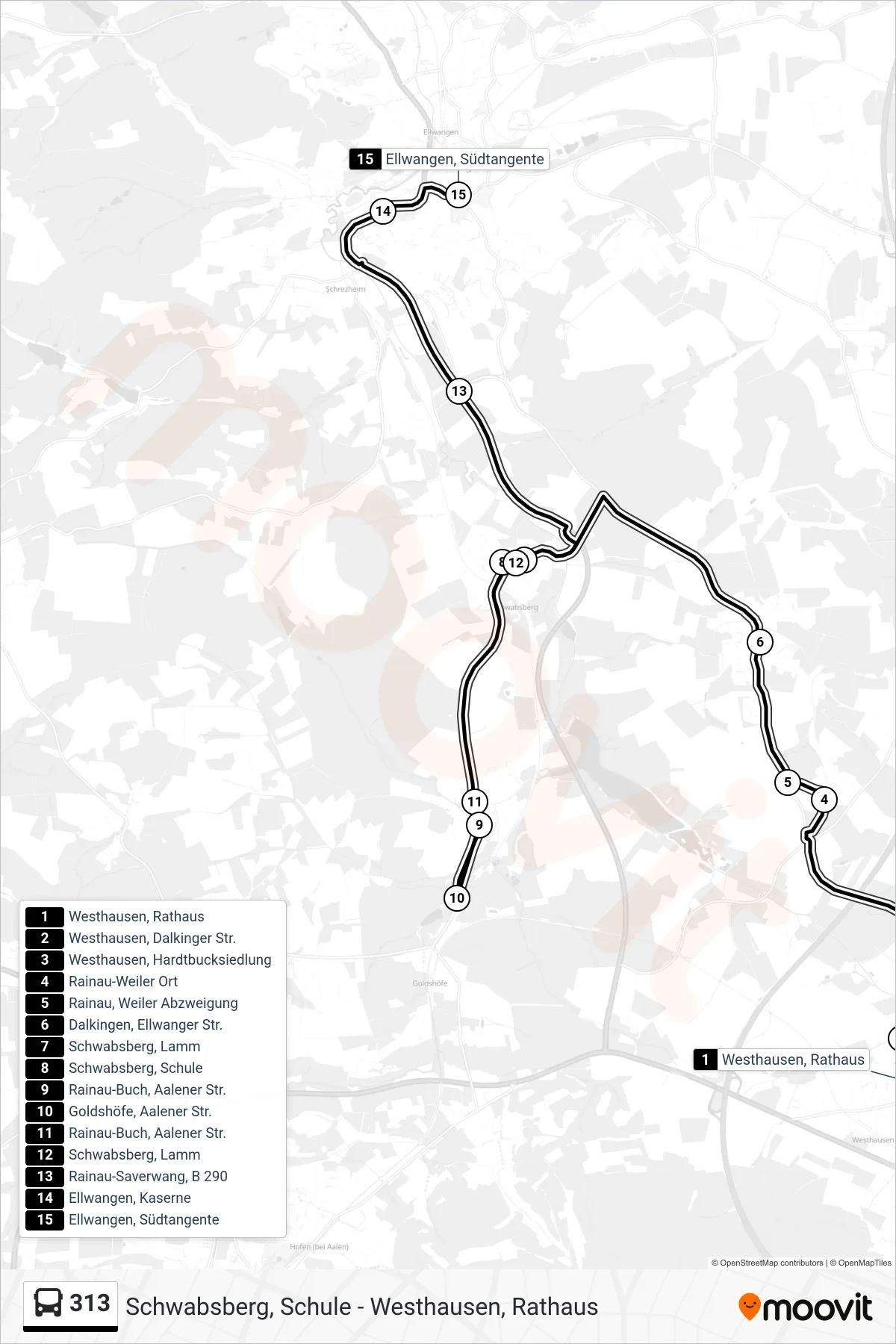 Linie 313 (Bus) Richtung Ellwangen, Südtangente: Route und Haltestellen auf der Karte