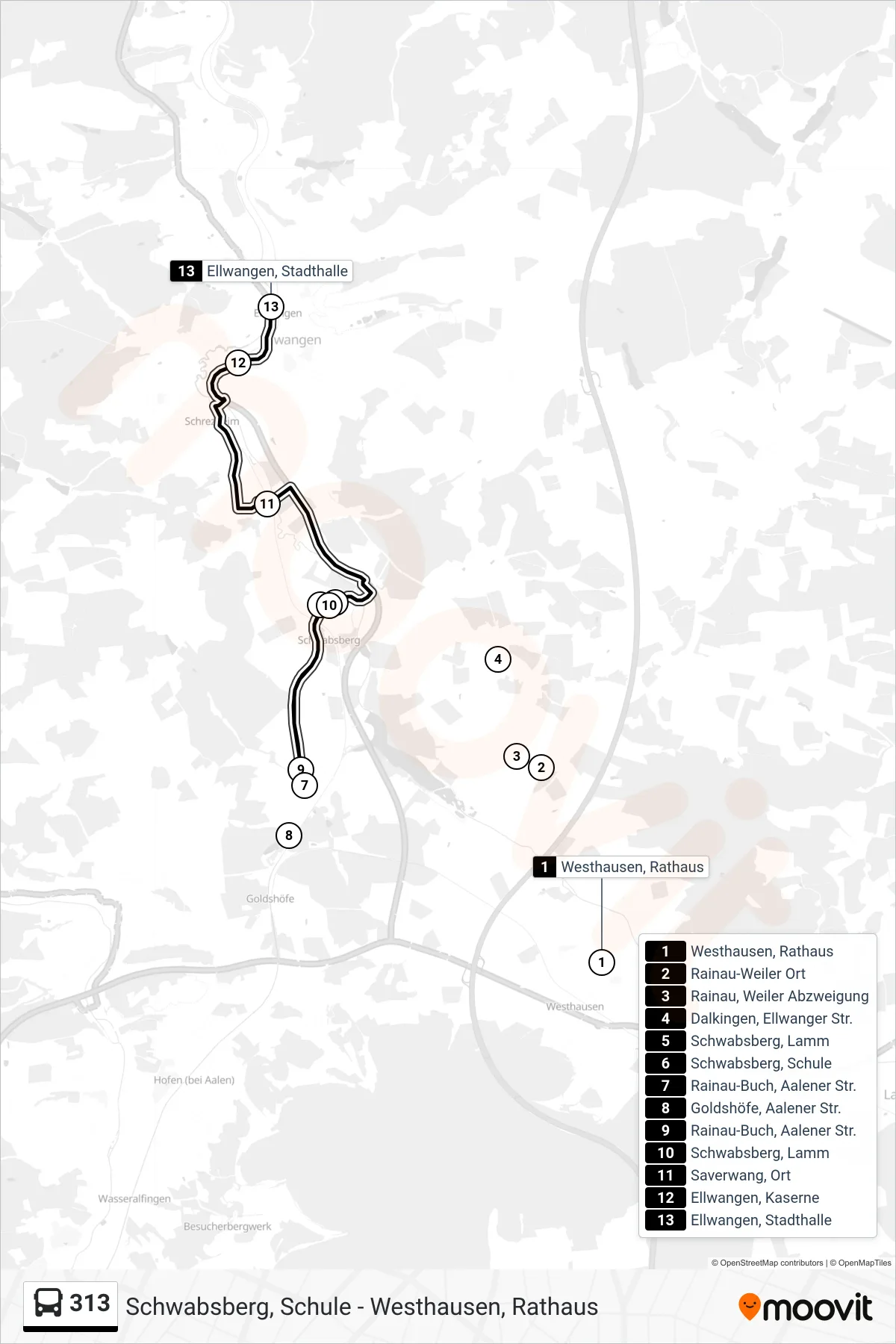 313 bus Line (Ellwangen, Stadthalle) route and stops on a map