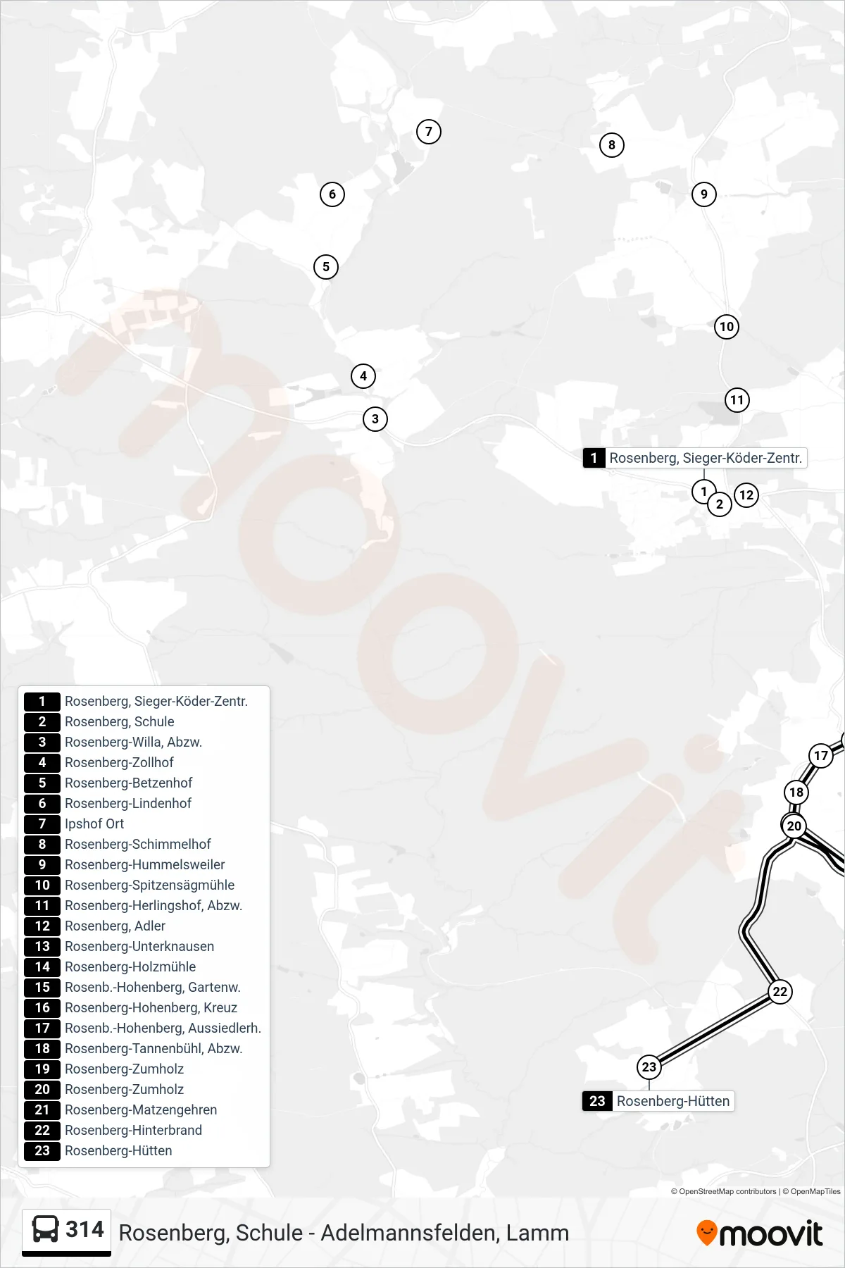 314 bus Line (Rosenberg-Hütten) route and stops on a map