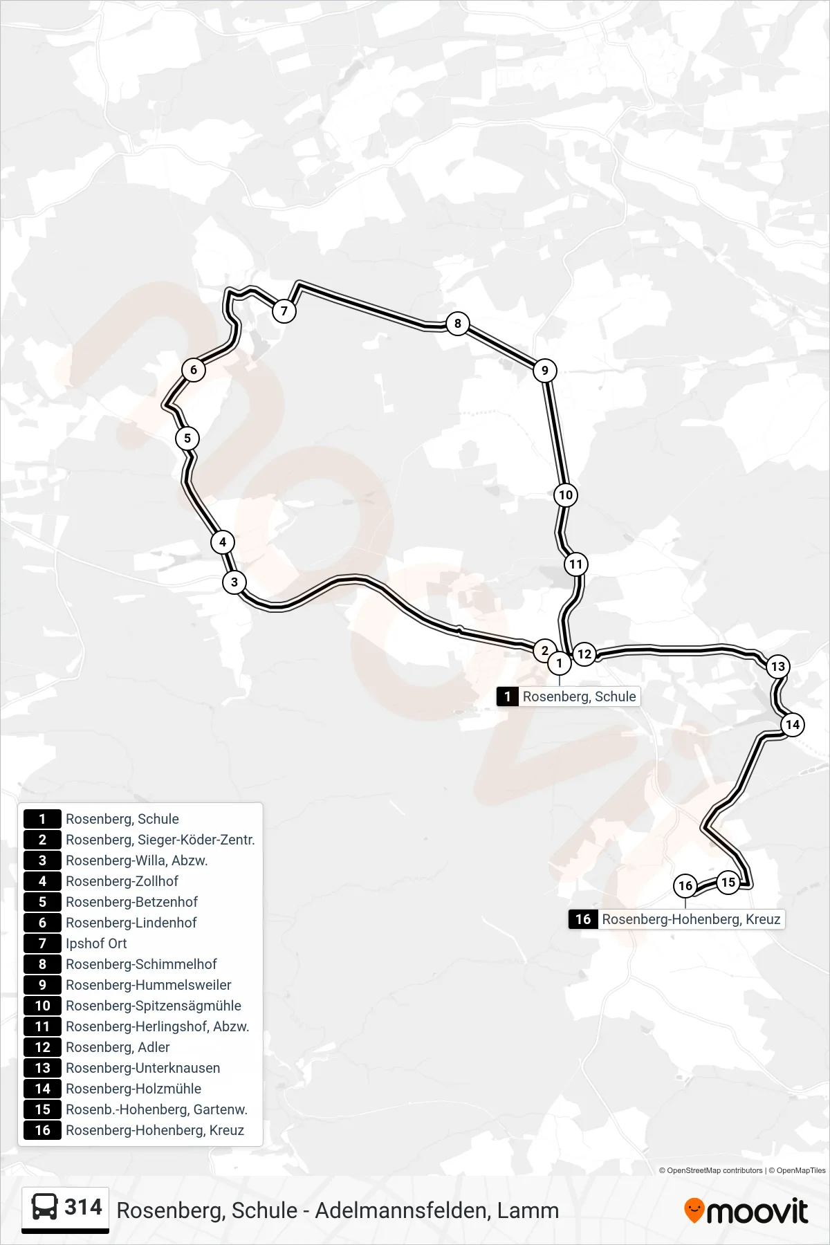 314 bus Line (Rosenberg-Hohenberg, Kreuz) route and stops on a map