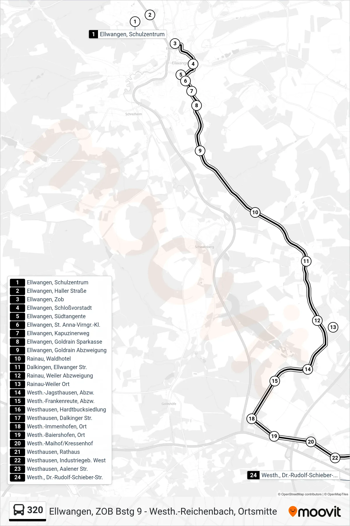 320 bus Line (Westh., Dr.-Rudolf-Schieber-Str.) route and stops on a map