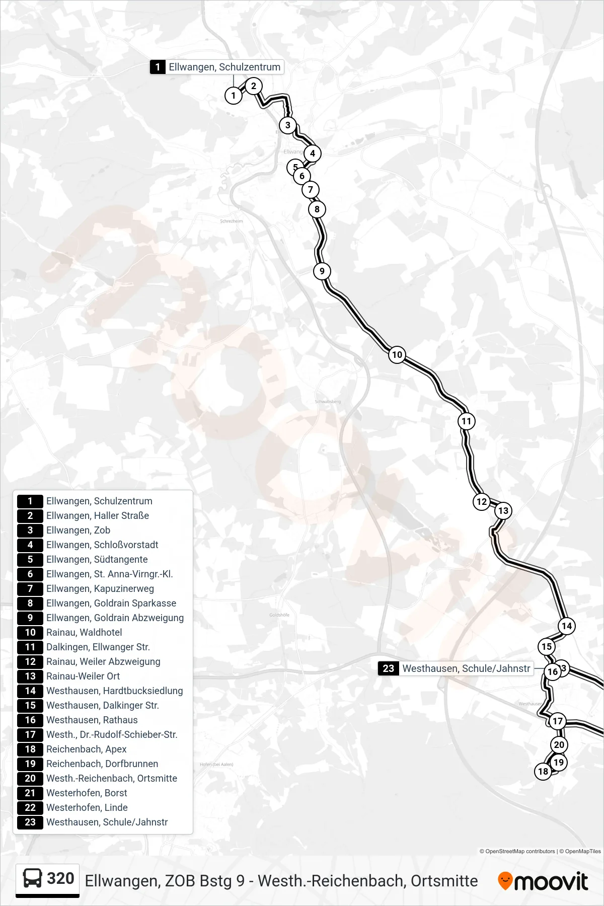 320 bus Line (Westhausen, Schule/Jahnstr) route and stops on a map