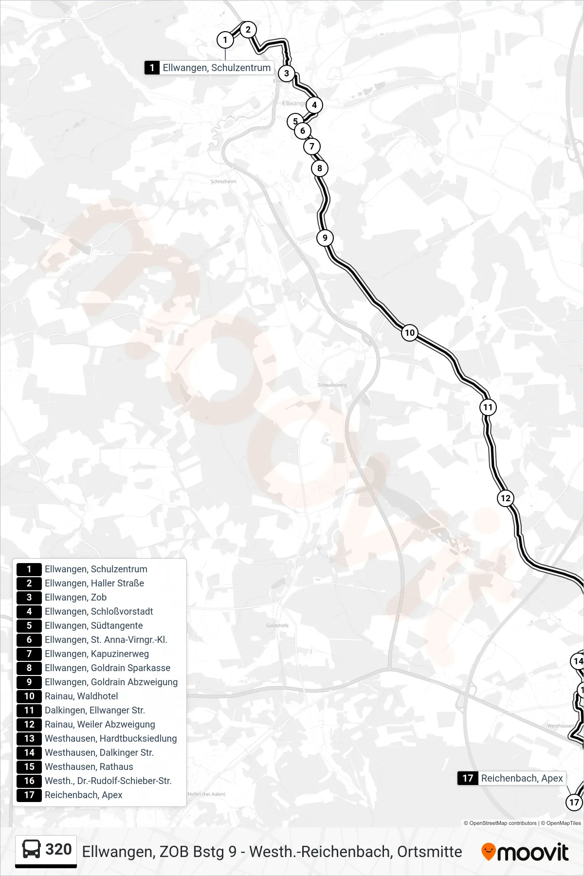 320 bus Line (Reichenbach, Apex) route and stops on a map