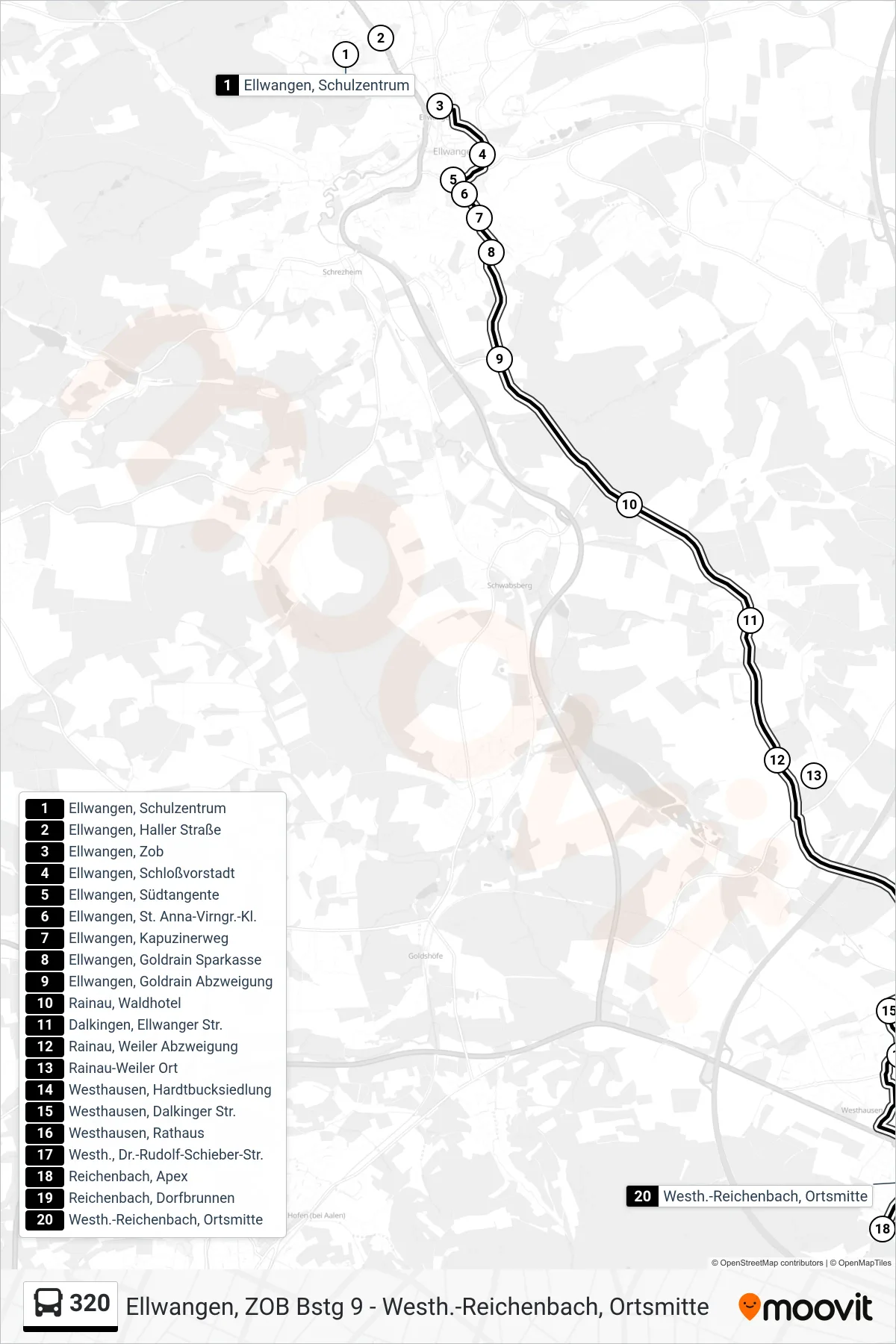 320 bus Line (Westh.-Reichenbach, Ortsmitte) route and stops on a map
