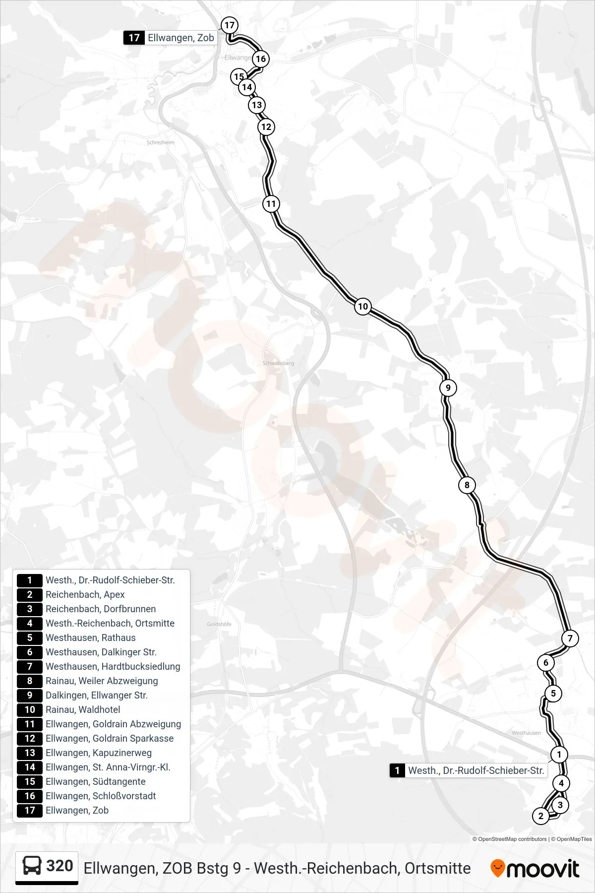 320 bus Line (Ellwangen, Zob) route and stops on a map