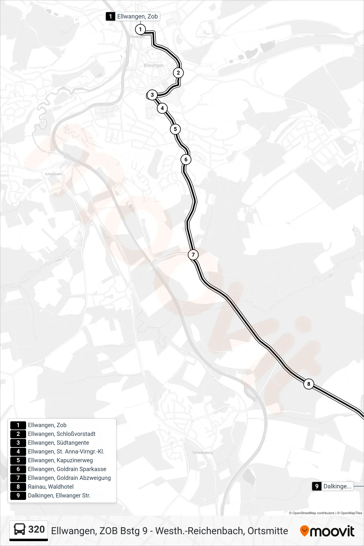 320 bus Line (Dalkingen, Ellwanger Str.) route and stops on a map