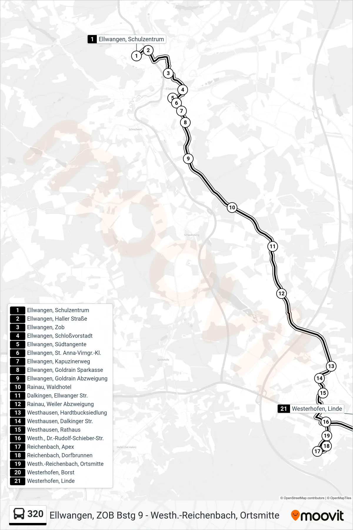 320 bus Line (Westerhofen, Linde) route and stops on a map
