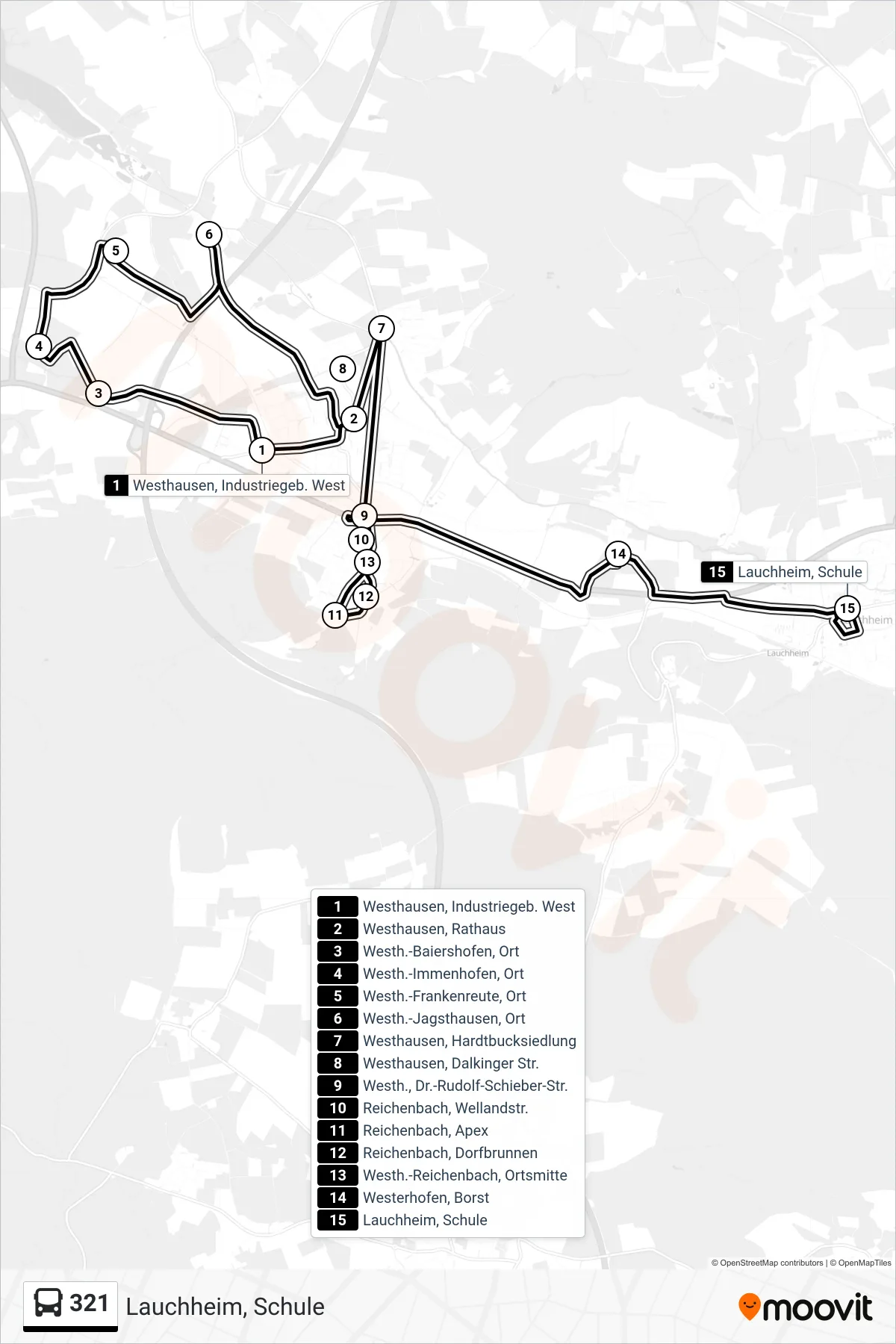 321 bus Line (Lauchheim, Schule) route and stops on a map