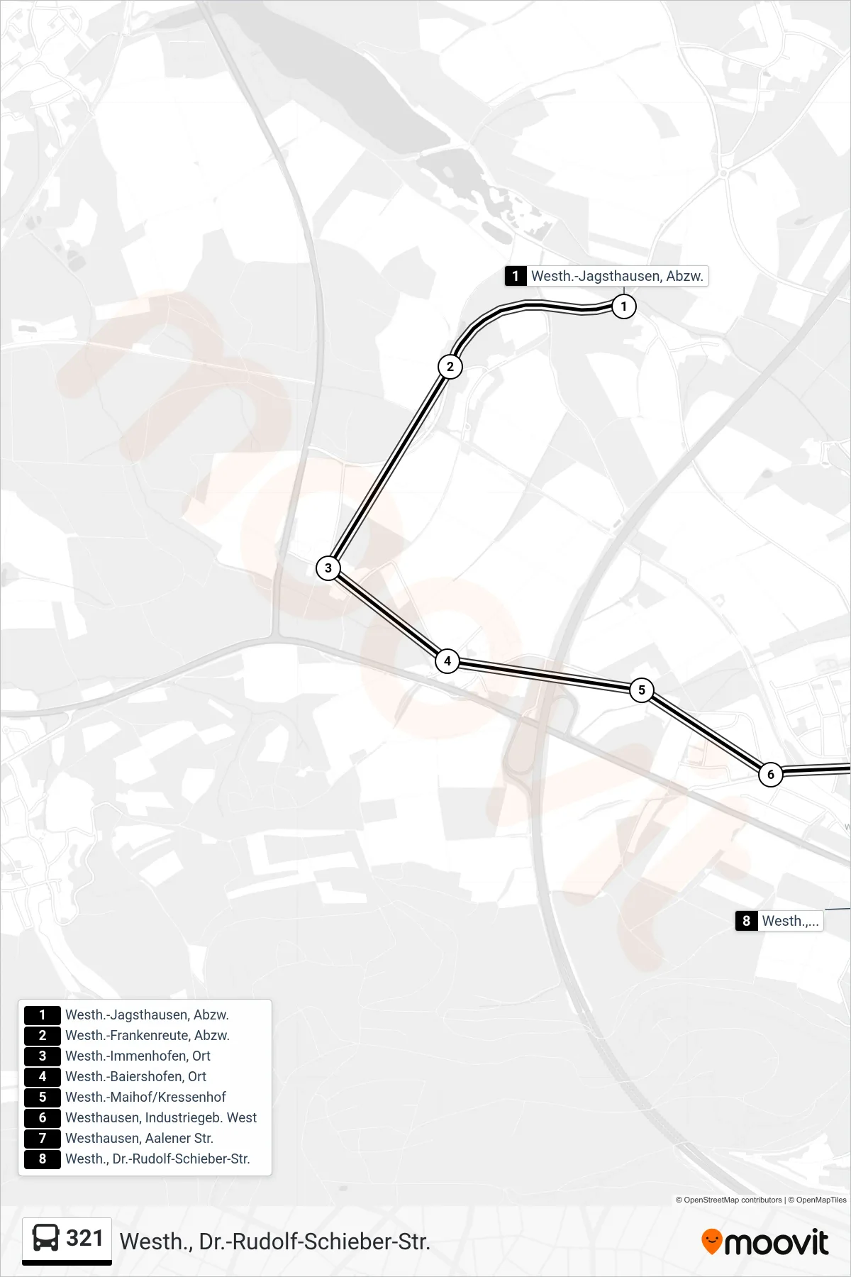 Linie 321 (Bus) Richtung Westh., Dr.-Rudolf-Schieber-Str.: Route und Haltestellen auf der Karte