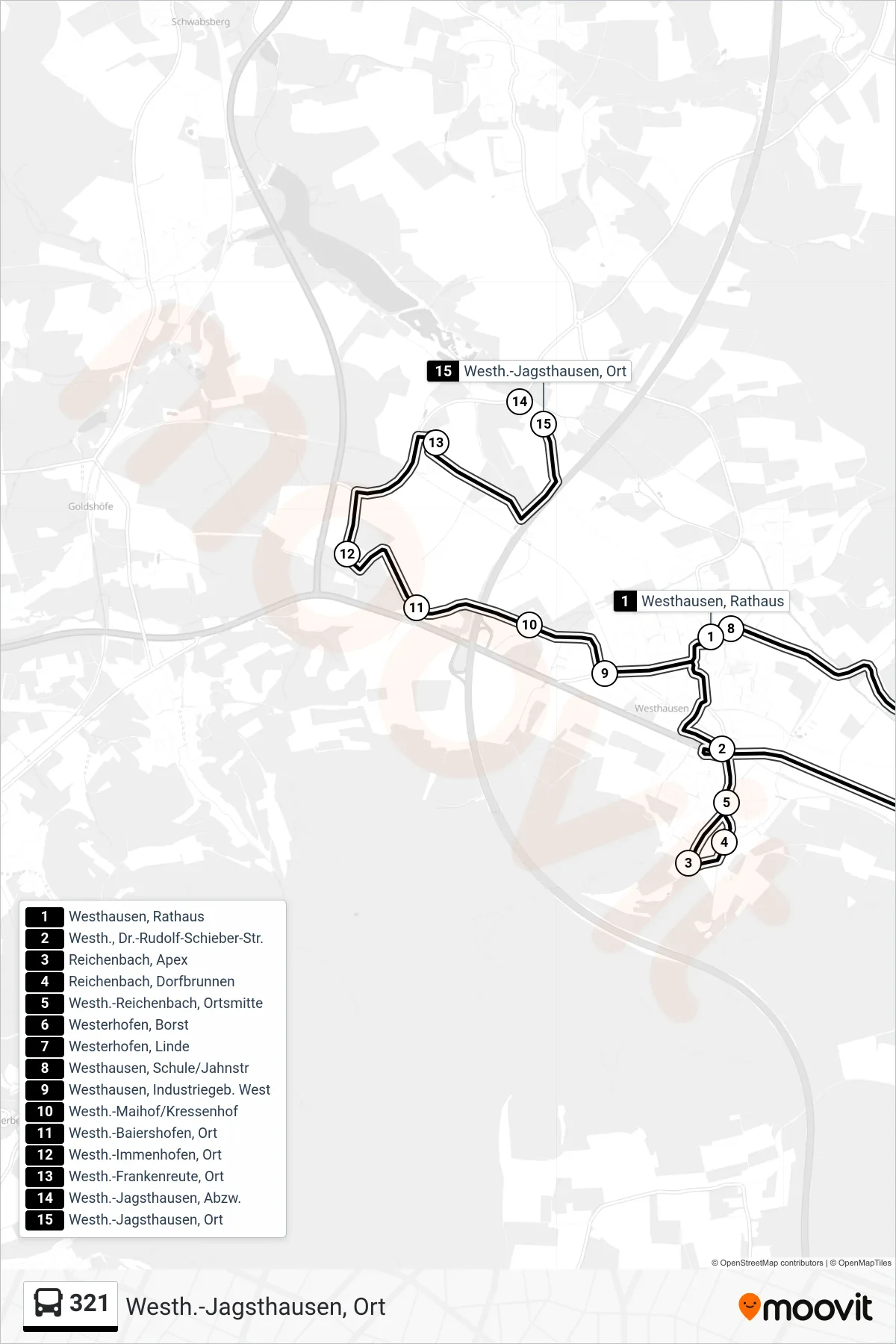 321 bus Line (Westh.-Jagsthausen, Ort) route and stops on a map