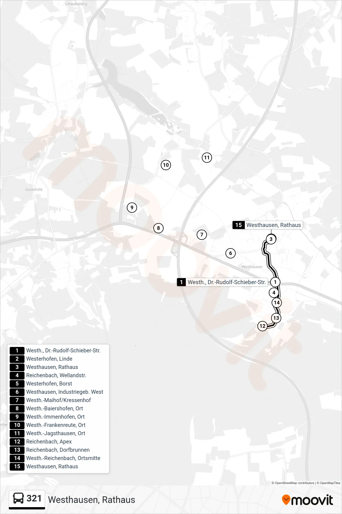 321 bus Line (Westhausen, Rathaus) route and stops on a map
