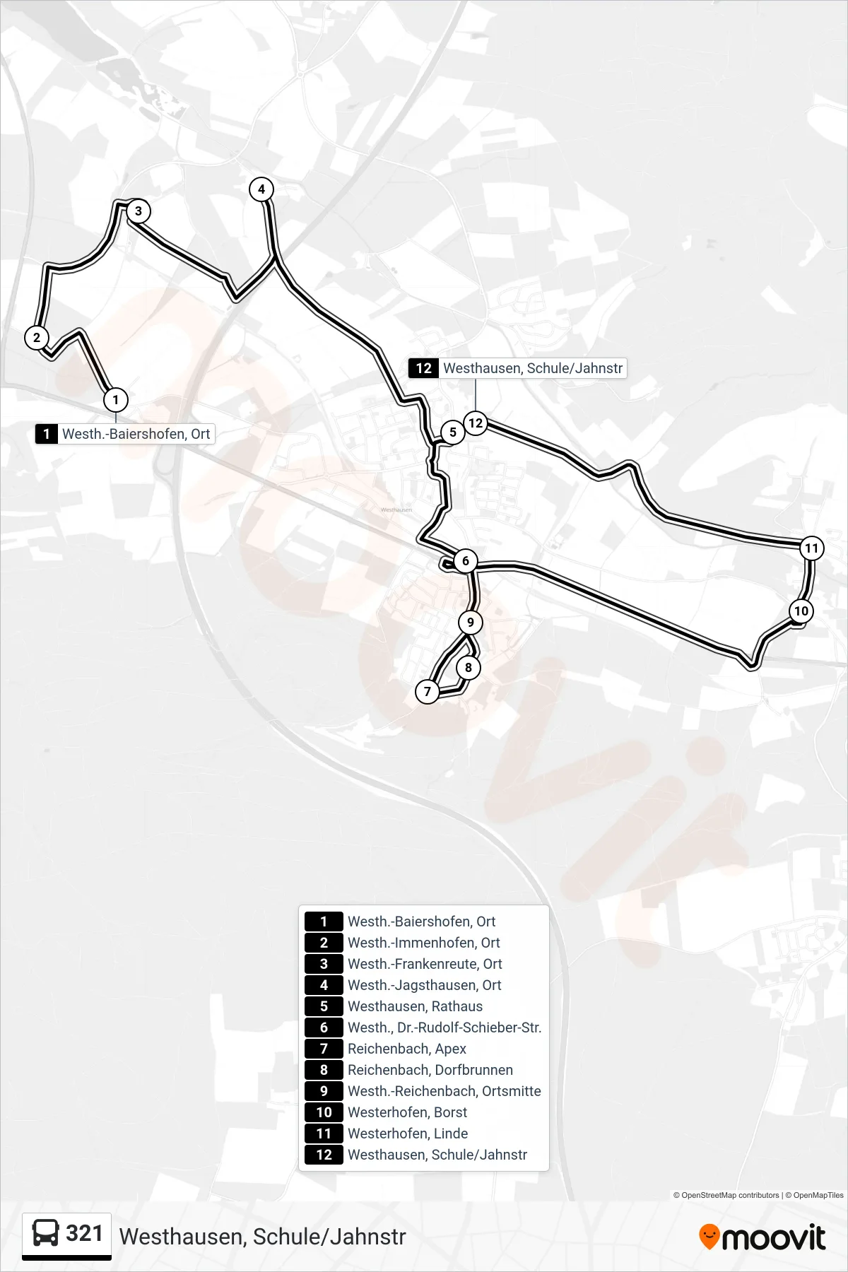 321 bus Line (Westhausen, Schule/Jahnstr) route and stops on a map