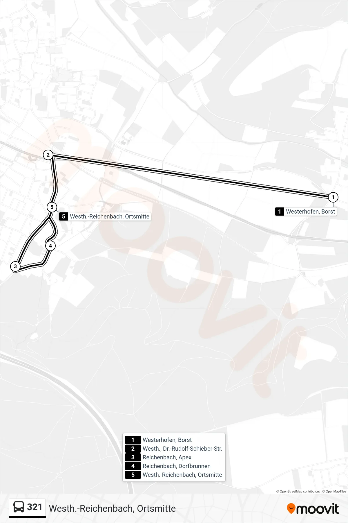 321 bus Line (Westh.-Reichenbach, Ortsmitte) route and stops on a map