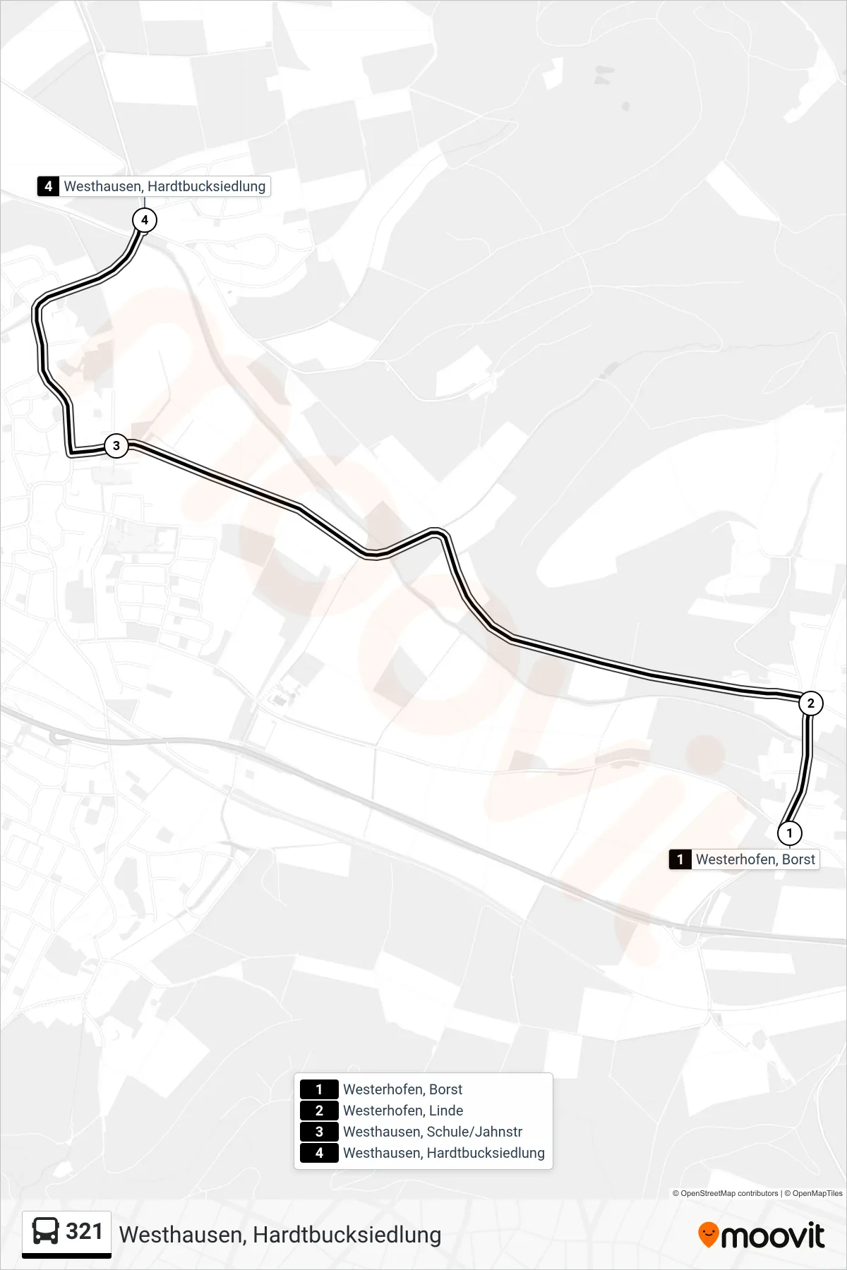 321 bus Line (Westhausen, Hardtbucksiedlung) route and stops on a map
