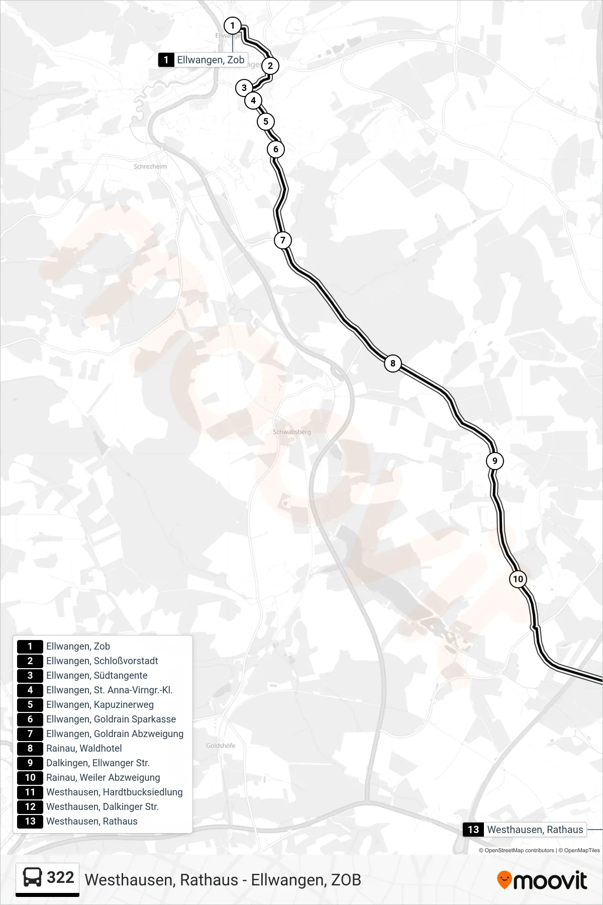 Linie 322 (Bus) Richtung Westhausen, Rathaus: Route und Haltestellen auf der Karte