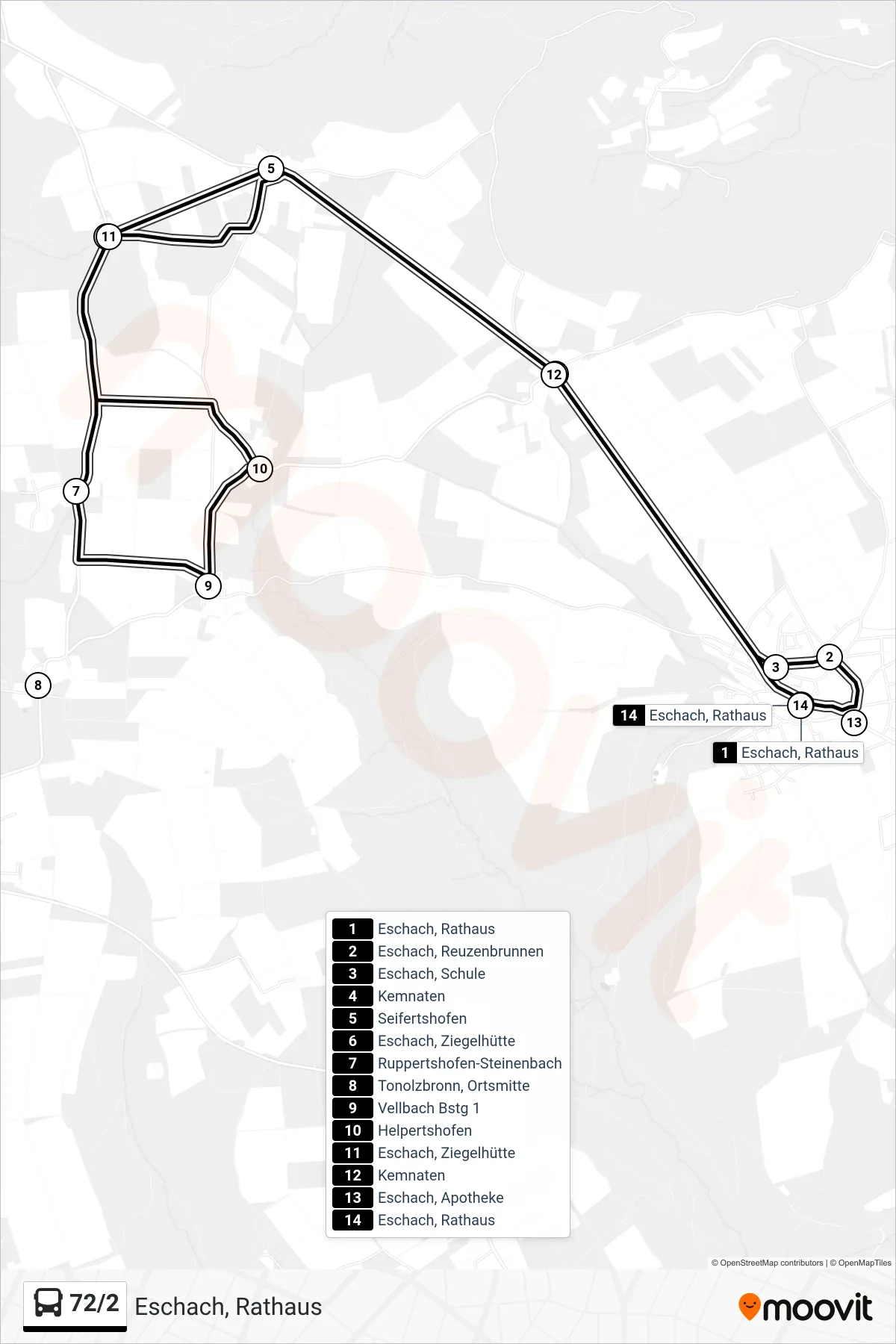 72/2 bus Line (Eschach, Rathaus) route and stops on a map
