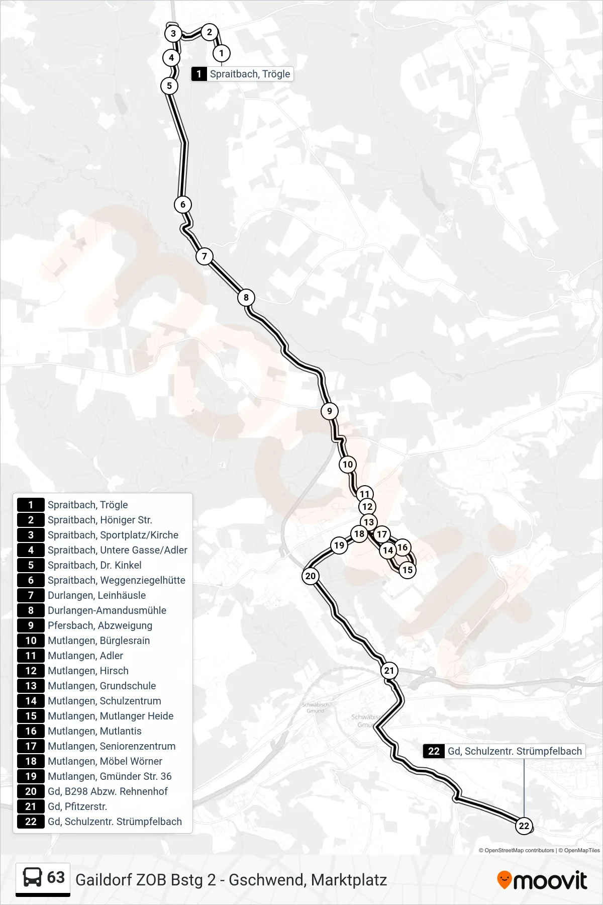 63 bus Line (Gd, Schulzentr. Strümpfelbach) route and stops on a map