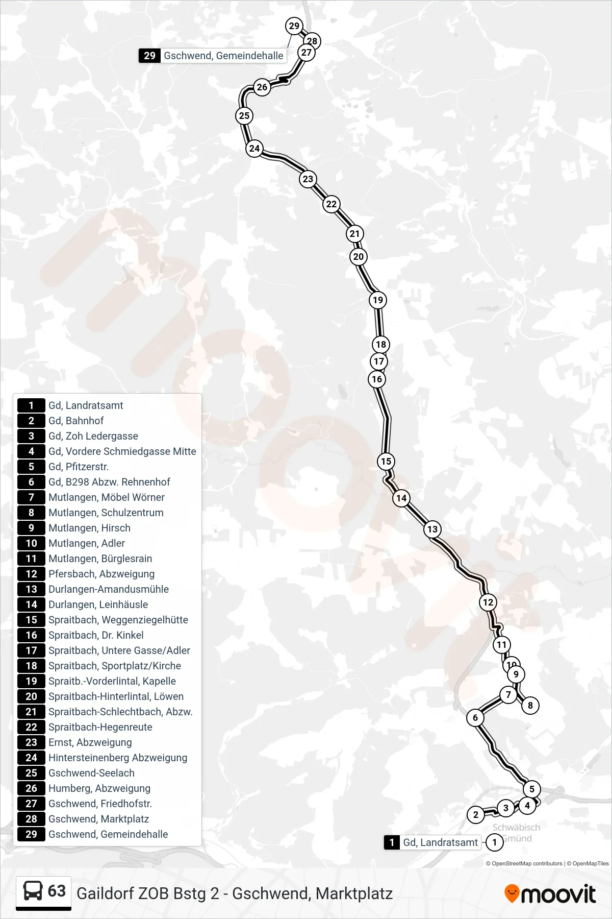 63 bus Line (Gschwend, Gemeindehalle) route and stops on a map